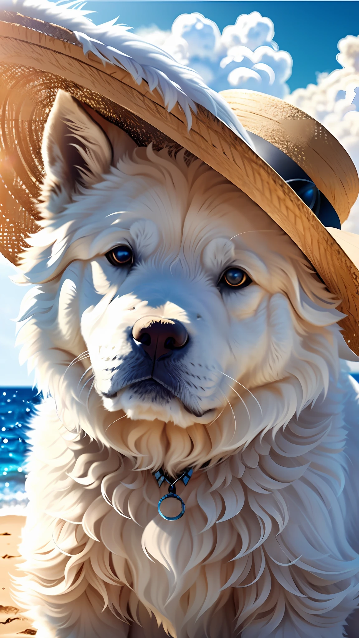 A white Chow Chow, seated sitting on the beach, head close-up, straw hat and sunglasses, mismatched pupils, facing lens, genuine fur, high quality fur, detailed fur detail, sea background, sky, clouds, high quality background, high background detail, soft sunlight, close up, DSLR camera photography, film graininess, masterpiece, hyper detail, best quality, cinematic lighting, realistic, UHD, ccurate, anatomically correct, high quality, 8k