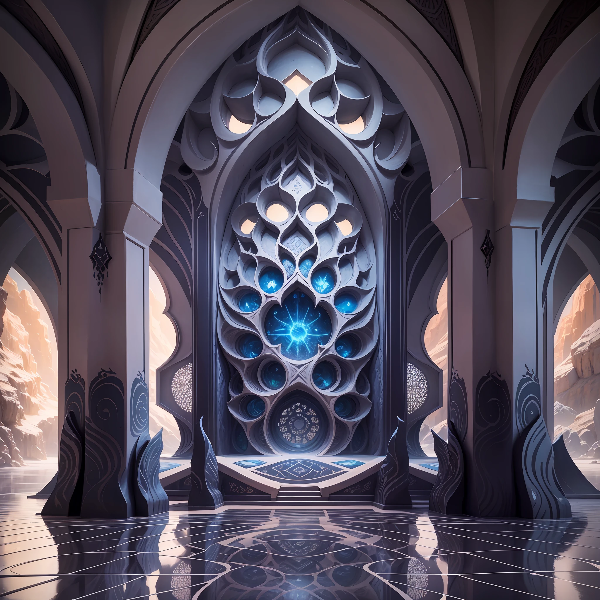 Futuristic Islamic architecture design of cave architecture concept art on desert oasis, islamic architecture, proportional,detailed, cave architecture nature meets futuristic architecture by Toyo Ito ,residential area, futuristic development, high rise balconies, full of rock and glass facades, residential spaces carved from cliff side ,trending on artstation, beautiful lighting,In the style of Arabic calligraphy masterpiece, fantasy, intricate, award winning, 4k, highest quality render --auto --s2