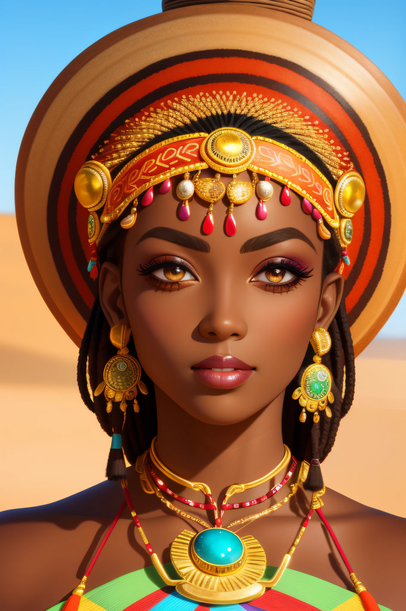 (masterpiece:1.2), (best quality:1.2), perfect eyes, perfect face, perfect lighting, photoshoot, 1girl, mature female wearing SSAHC, SSAHC, dark-skinned, colorful tribal dress, headdress, thick eyelashes, makeup, eyeshadow, medium hair, oasis, desert detailed outdoor background