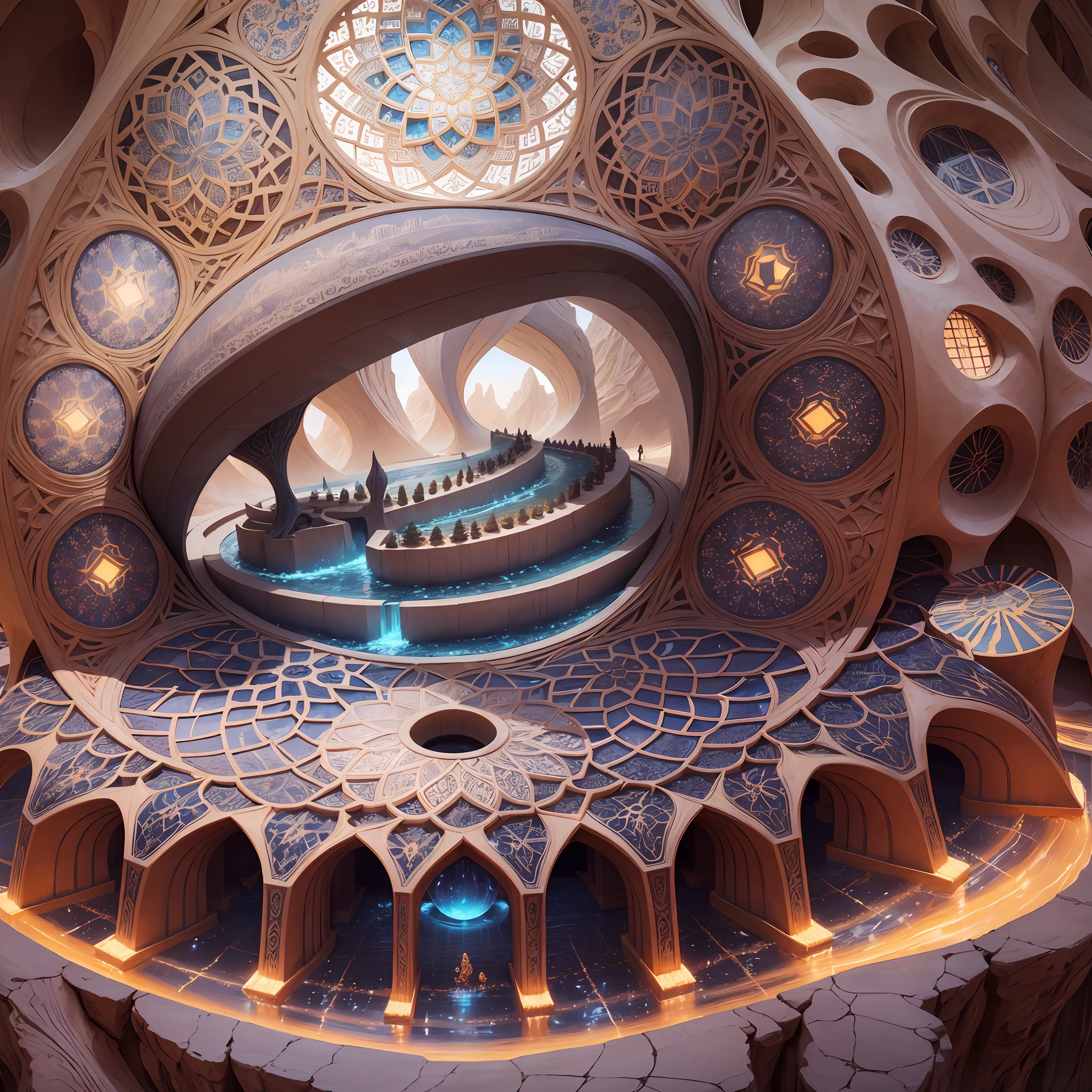 Futuristic Islamic architecture design of cave architecture concept art on desert oasis, islamic architecture, proportional,detailed, cave architecture nature meets futuristic architecture by Toyo Ito ,residential area, futuristic development, high rise balconies, full of rock and glass facades, residential spaces carved from cliff side ,trending on artstation, beautiful lighting,In the style of Arabic calligraphy masterpiece, fantasy, intricate, award winning, 4k, highest quality render --auto --s2