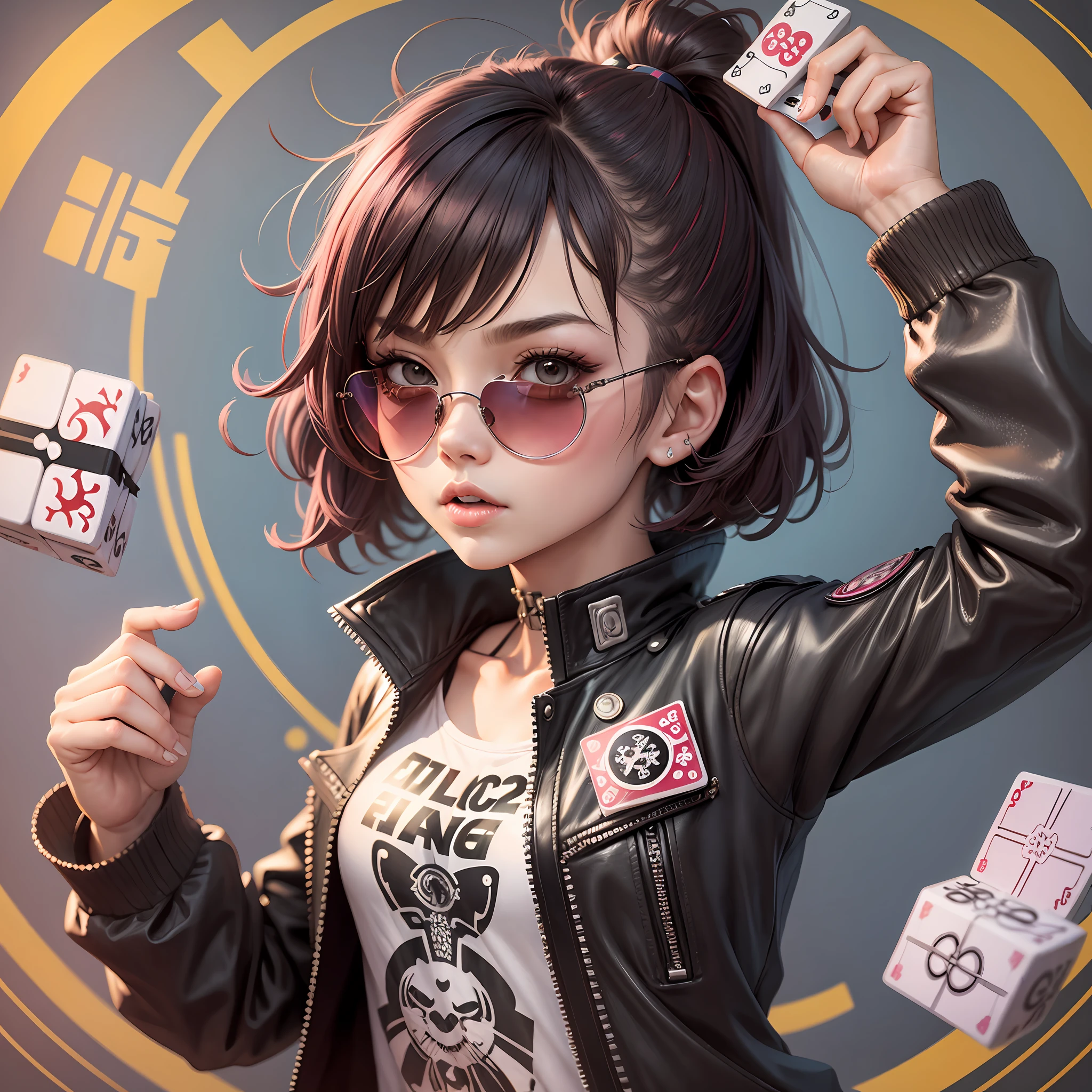 With small round sunglasses, punk girl, half-body, holding mahjong cards in her hand --auto --s2