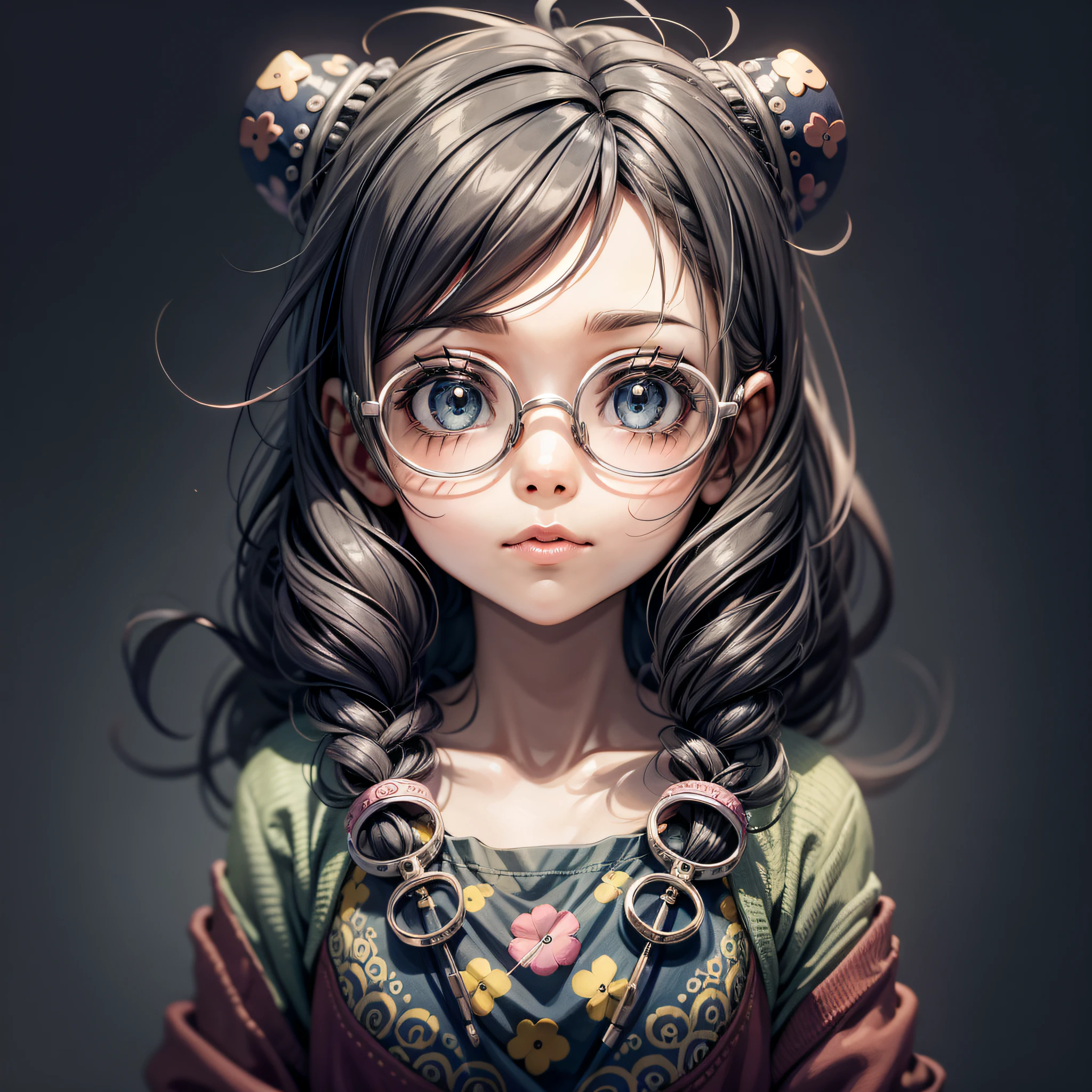 Abstract cartoon, cute little girl with glasses with many cute decorative patterns --auto --s2