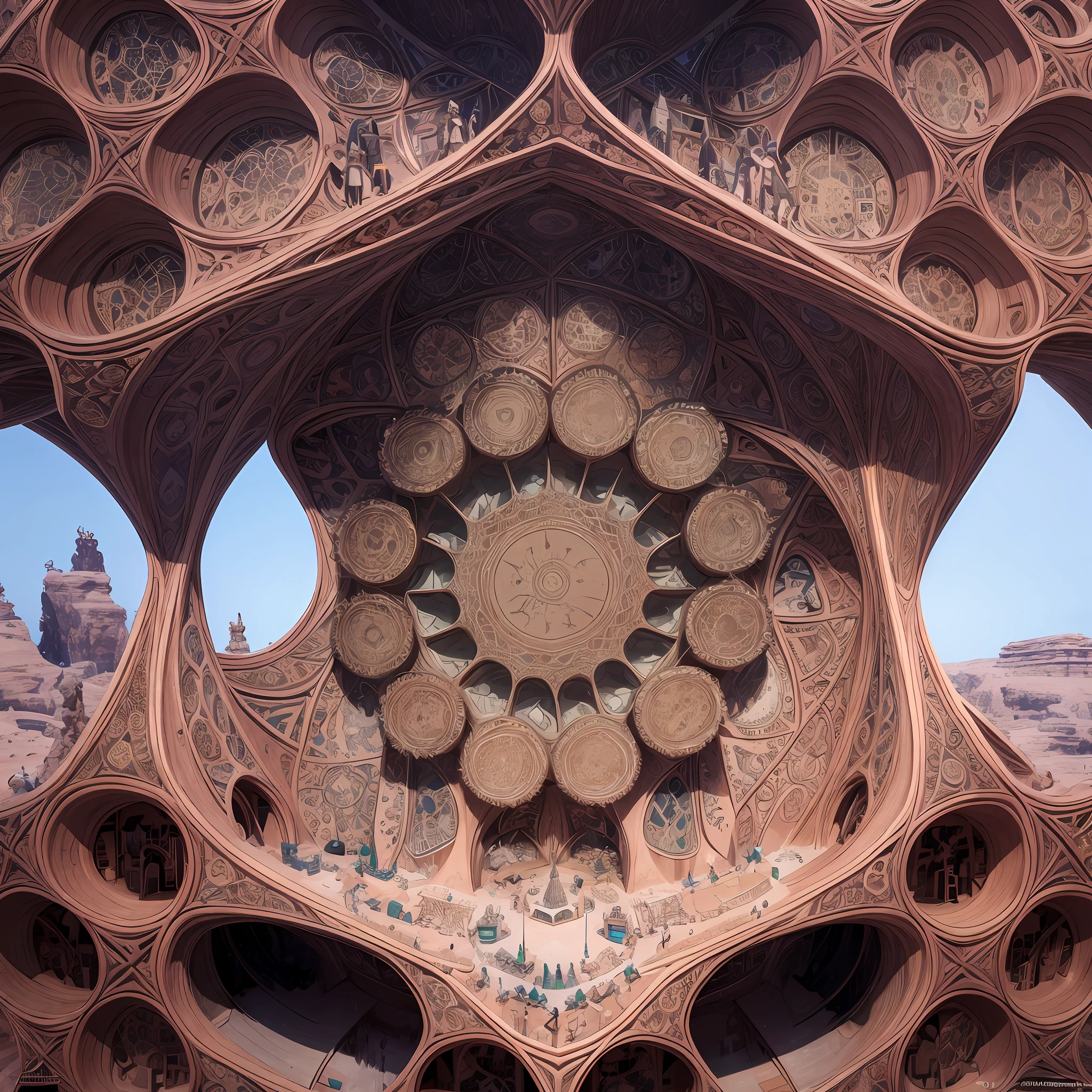 Futuristic Islamic architecture design of cave architecture concept art on desert oasis, islamic architecture, proportional,detailed, cave architecture nature meets futuristic architecture by Toyo Ito ,residential area, futuristic development, high rise balconies, full of rock and glass facades, residential spaces carved from cliff side ,trending on artstation, beautiful lighting,In the style of Arabic calligraphy masterpiece, fantasy, intricate, award winning, 4k, highest quality render --auto --s2