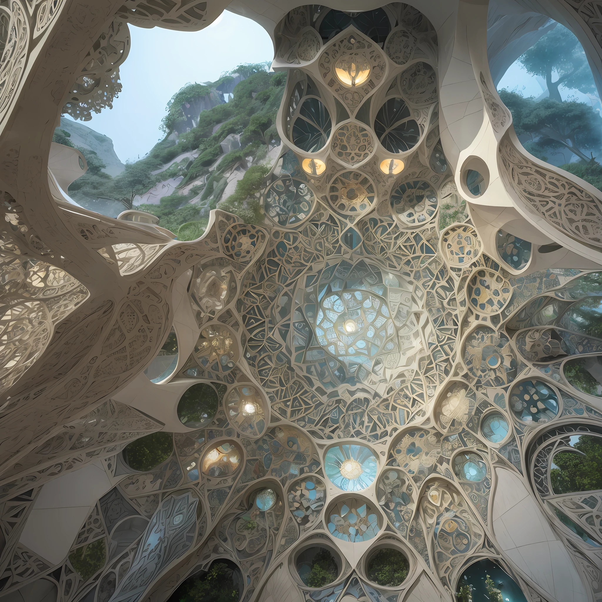 Futuristic Islamic architecture design of cave architecture concept art on desert oasis, islamic architecture, proportional,detailed, cave architecture nature meets futuristic architecture by Toyo Ito ,residential area, futuristic development, high rise balconies, full of rock and glass facades, residential spaces carved from cliff side ,trending on artstation, beautiful lighting,In the style of Arabic calligraphy masterpiece, fantasy, intricate, award winning, 4k, highest quality render --auto --s2