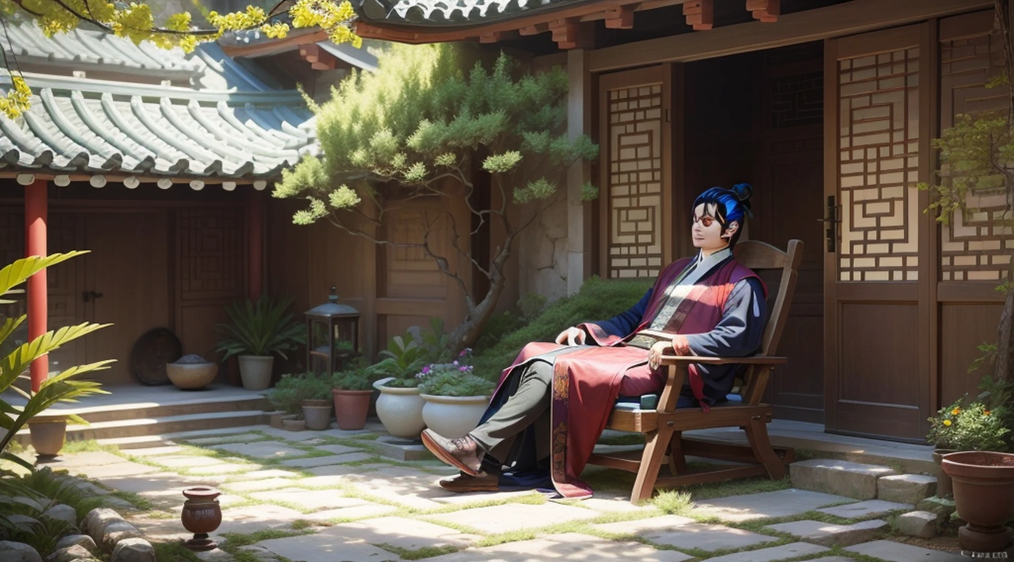 On a clear afternoon in the first year of Jian'an, the sunlight shone through the gaps in the leaves in the courtyard of the Erjin Villa, a quaint Chinese-style courtyard with a small number of plants in the courtyard, and a young man, Lin Mo, lay on a recliner he had made himself, closed his eyes and fell into deep thought. The recliner was made of logs, allowing Lin Mo's whole body to be relaxed and supported to the maximum. Lin Mo's figure was medium, wearing an ancient robe and cloth shoes, very elegant. His face is rounded, his facial features are clear, and his black ancient man's hair is in a bun, revealing a sense of confidence and composure. The surroundings are also comfortable. Lin Mo's lazy chair was placed in the corner of the yard, away from the hustle and bustle and commotion, allowing him to think better. In this peaceful environment, Lin Mo fell into deep thought