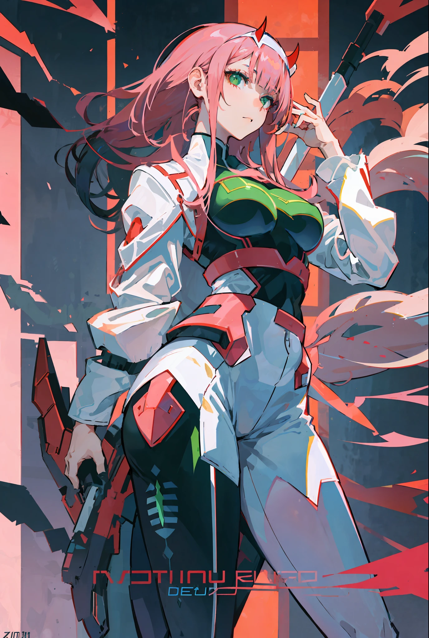 zero two \(darling in franxx\), darling in franxx, 1girl, bangs, bite, shadow, green eyes, hair behind head, horns, long hair, makeup, small breasts, pilot suit, red bodysuit with white details, pink hair, red eyeshadow, science fiction, tight skin, solo