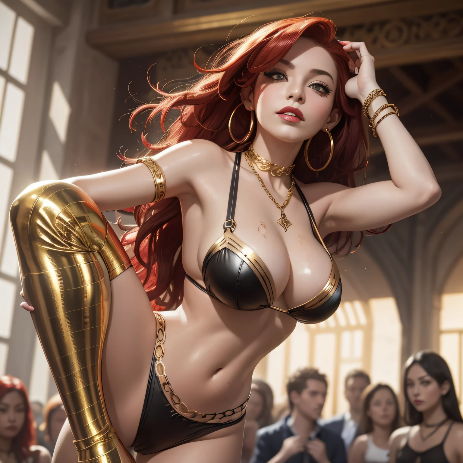 (masterpiece:1.2), (best quality:1.2), 2solo focus, a slave girl with long dyed red hair is dancing for a crowd, eyes bright, perfect face, red lipstick, mascara, hoop earrings, body piercings, slave tattoo, golden tattoos, chain slave bikini, gold slave collar, full body shot, happy in slavery, aroused, out of breath, sweating profusely, lascivious pose, offering herself, high class prostitute, onlookers, medieval, dutch angle