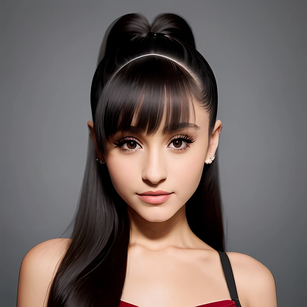 Ariana Grande, skull top high ponytail hairstyle, black hair, wearing black clothes, crimson lips, heavy makeup, front, head on one-third, stage lights, original simulation style, charming gaze, charming expression. The background should be neutral and simple, pay close attention to details such as highlights and shadows on his face and hair to create a realistic and realistic image. Try different lighting techniques to enhance the mood and atmosphere of your portrait. Highly detailed skin, skin detail, sharp focus, volumetric fog, 8k uhd, SLR, high quality, film grain, fujifilm XT3, (best quality: 1.4), (masterpiece: 1.4), (detail: 1.3), (gray background: 1.5, close-up: 1.5), (realism: 1.4), (best quality: 1.0), (ultra-high resolution: 1.0),