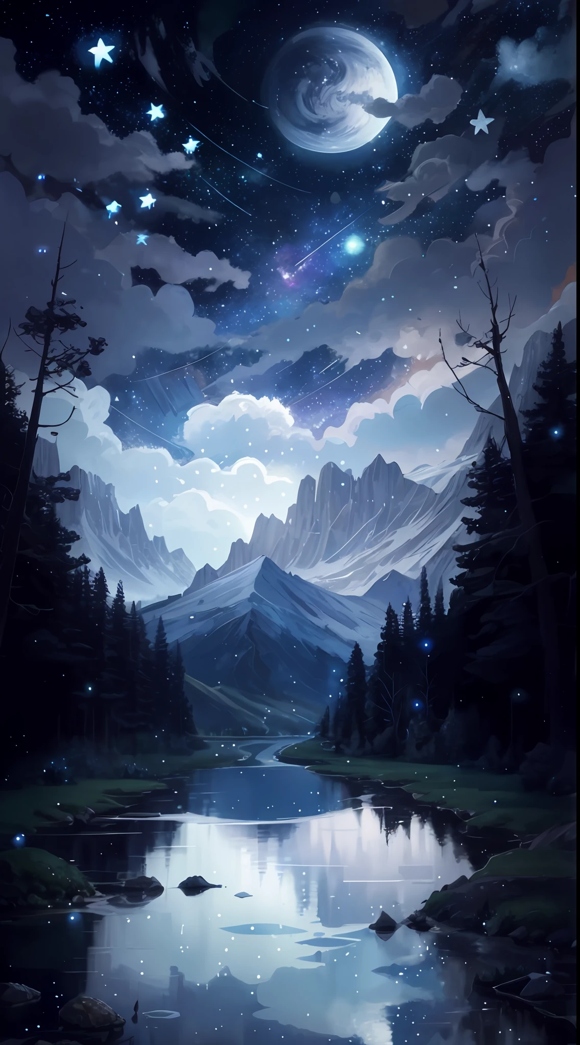 starry night landscape with lake and mountains, 4k highly detailed digital art, jen bartel, 8k high quality detailed art, dan mumford and albert bierstadt, highly detailed digital painting, 4k detailed digital art, 8k stunning artwork, dan mumford and thomas kinkade, anton fadeev and dan mumford, detailed painting 4 k, beautiful art uhd 4 k