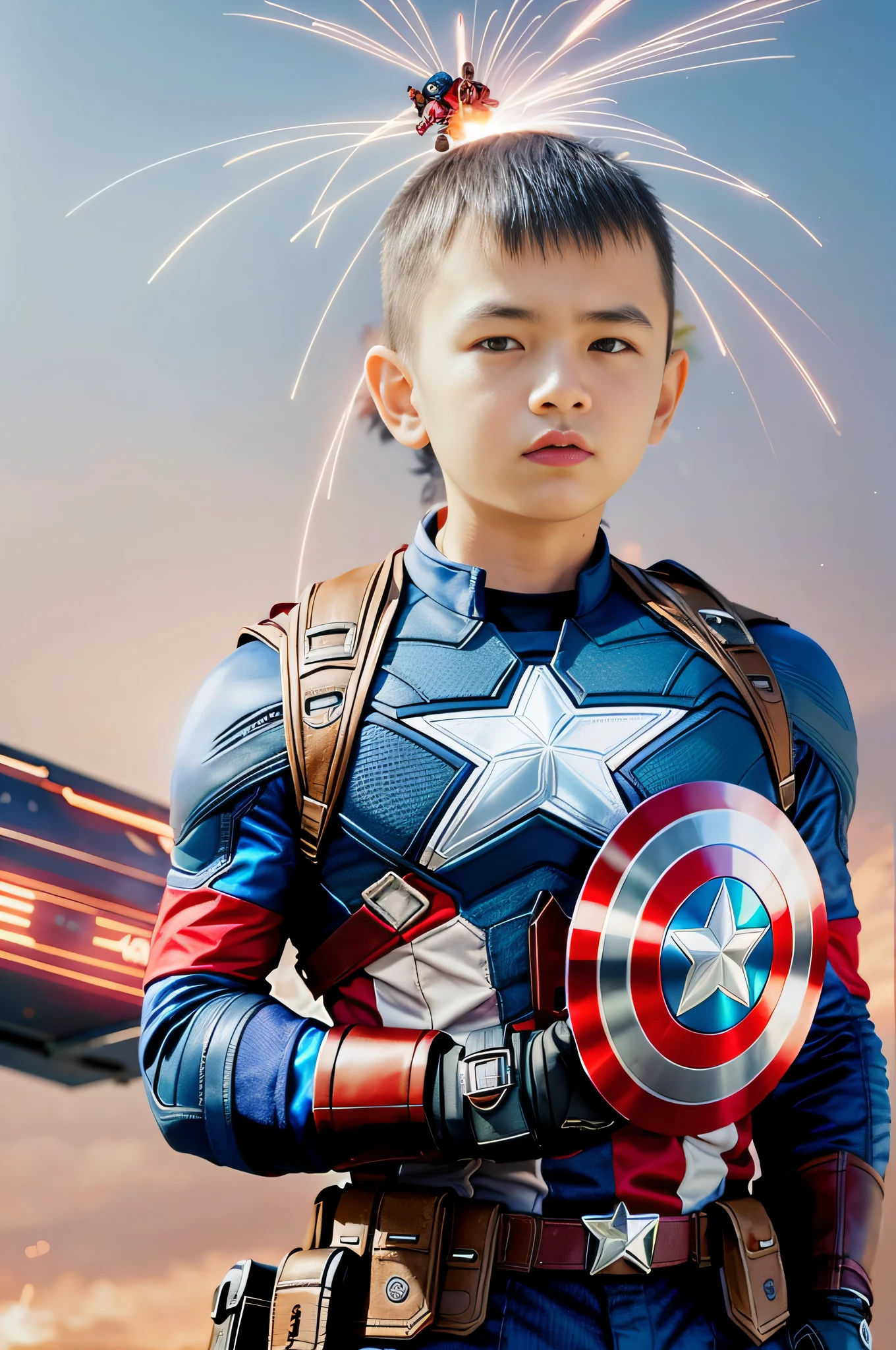 a cute boy dressed like Captain America from Marvel Universe, Marvel Characters fighting background, explosion background, rocket, the tower of Avengers from Marvel, highly detailed, photorealistic, high resolution,