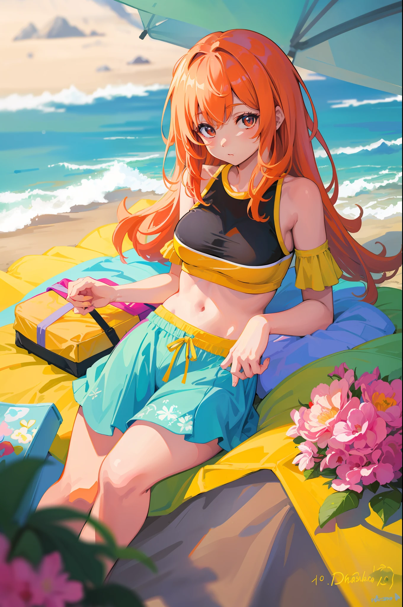 Masterpeace, Best Quality, 1 woman, 28 years old, (floral panties), bright colors, Volumetric lighting, Best shadows, Shallow depth of field, (Top quality, Amazing details: 1.25), Brilliant colorful paintings, nature, picnic, beach, sea, mountains, volleyball