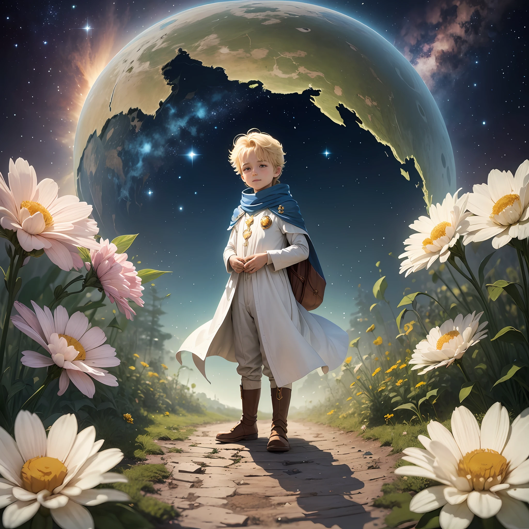 The little prince of Earth, a child from a distant planet, came to our planet after embarking on a journey to explore the universe. The little prince of Earth is dressed in a bright starry sky costume, his eyes shining with curiosity and enthusiasm. His smile was like a spring breeze, exuding warmth and tolerance. He is like a blooming flower, exuding a pure and fresh breath. His demeanor and words are full of wisdom and kindness, and he is a true observer and protector. The little prince of the earth clasped his hands together and quietly observed everything on the earth. He saw the kindness and friendship of people, the magnificence and magic of nature, and the destruction and harm that human beings have done to the earth. Although he sees various problems and challenges on Earth, the little prince of Earth has not lost hope in humanity. He believed that human beings could change and return to a state of harmony with nature. The Little Prince of Earth walked into the crowd to communicate and learn from people. He looks for the goodness and beauty in everyone's heart with warm eyes, and he guides them to the right path with wisdom and sincerity. The little prince of the earth is not just a bystander, he is actively involved in solving the problems of the earth. He works with people to plant trees, protect the ecology of animals and plants, and promote sustainable and environmental action. The little prince of the earth gives people hope and courage, and his presence awakens kindness and responsibility in people's hearts. He became a true guardian of the earth, bringing wisdom and hope to our home. The little prince of the earth brings us more thoughts and enlightenment in his unique way, and his presence makes us understand the close connection between human beings and the earth, and our responsibility to the earth. The Little Prince of the Earth is a spiritual guide and beacon, under his guidance, we can work together to protect the earth and create a better and m