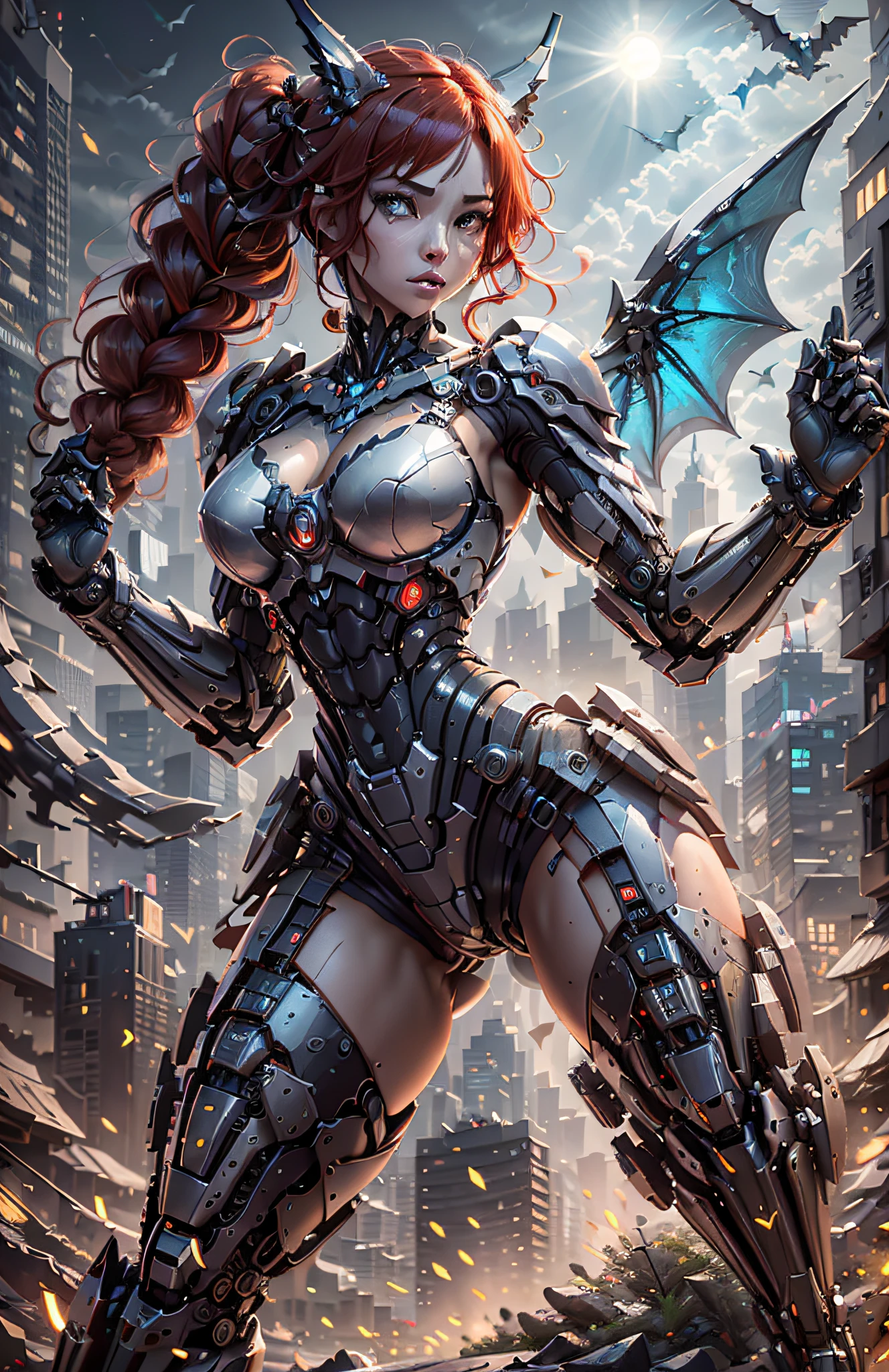 (Best Quality)), ((Masterpiece)), (Very Detailed: 1.3), 3D, Beautiful cyberpunk woman, batman cosplay, sci-fi technology, HDR (High Dynamic Range), ray tracing, nvidia RTX, super resolution, unreal 5, subsurface scattering, PBR texture, post-processing, anisotropic filtering, depth of field, maximum sharpness and sharpness, multi-layer texture, specular and albedo mapping, surface shading, accurate simulation of light-material interactions, perfect proportions, octane rendering, duotone lighting, low ISO, white balance, rule of thirds, wide aperture, 8K RAW, high efficiency subpixels, subpixel convolution, light particles, light scattering, Tyndall effect, very sexy bikini, full body, battle pose, red hair with braids, bats in the sky notuno, full moon,