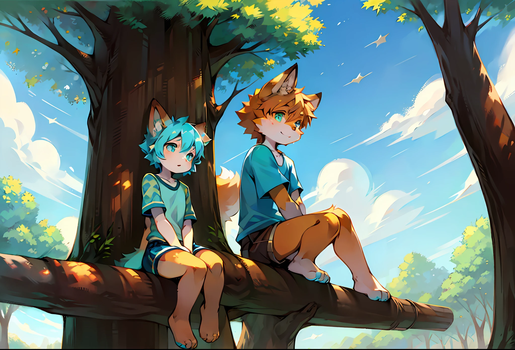 Yellow-brown fox, youthful, cyan eyes, with patterns on the ears, wearing short sleeves, sitting against the edge of a large tree, sky, sun, wind