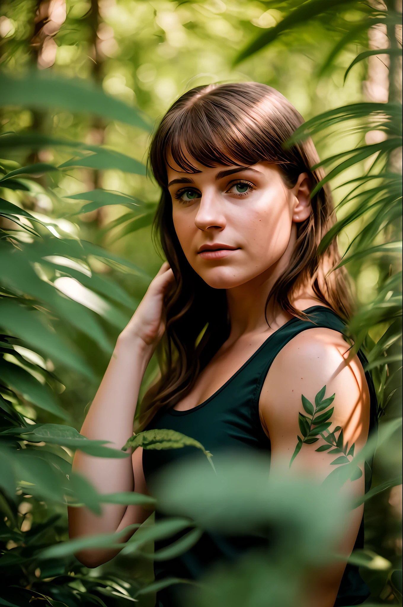 Close-up shot, 55mm Canon lens, volumetric lighting, Fujifilm XT3 lens, upper body portrait, a young white woman, muscular, very concerned facial expression, 18 years old, black tattoos, short light brown hair, short hair, straight hair, wearing a black sleeveless shirt, forest with exotic plants and flowers in the background, sunlight passing through the trees, High resolution image, detailed texture, realistic depth of field