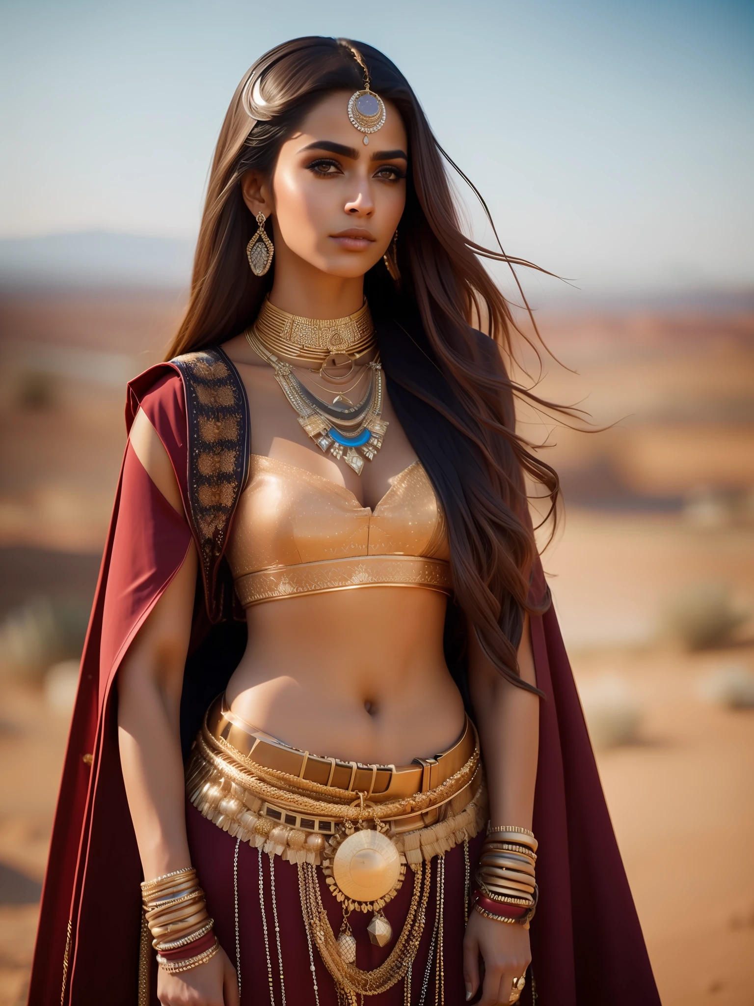 fking_scifi, fking_scifi_v2, portrait of a young, seductive, extremely beautiful and attractive Arabic woman, in front of a city in the desert, long messy hair, rich colorful clothes and golden jewelry, close up, regal pose and attitude. fking_cinema_v2.