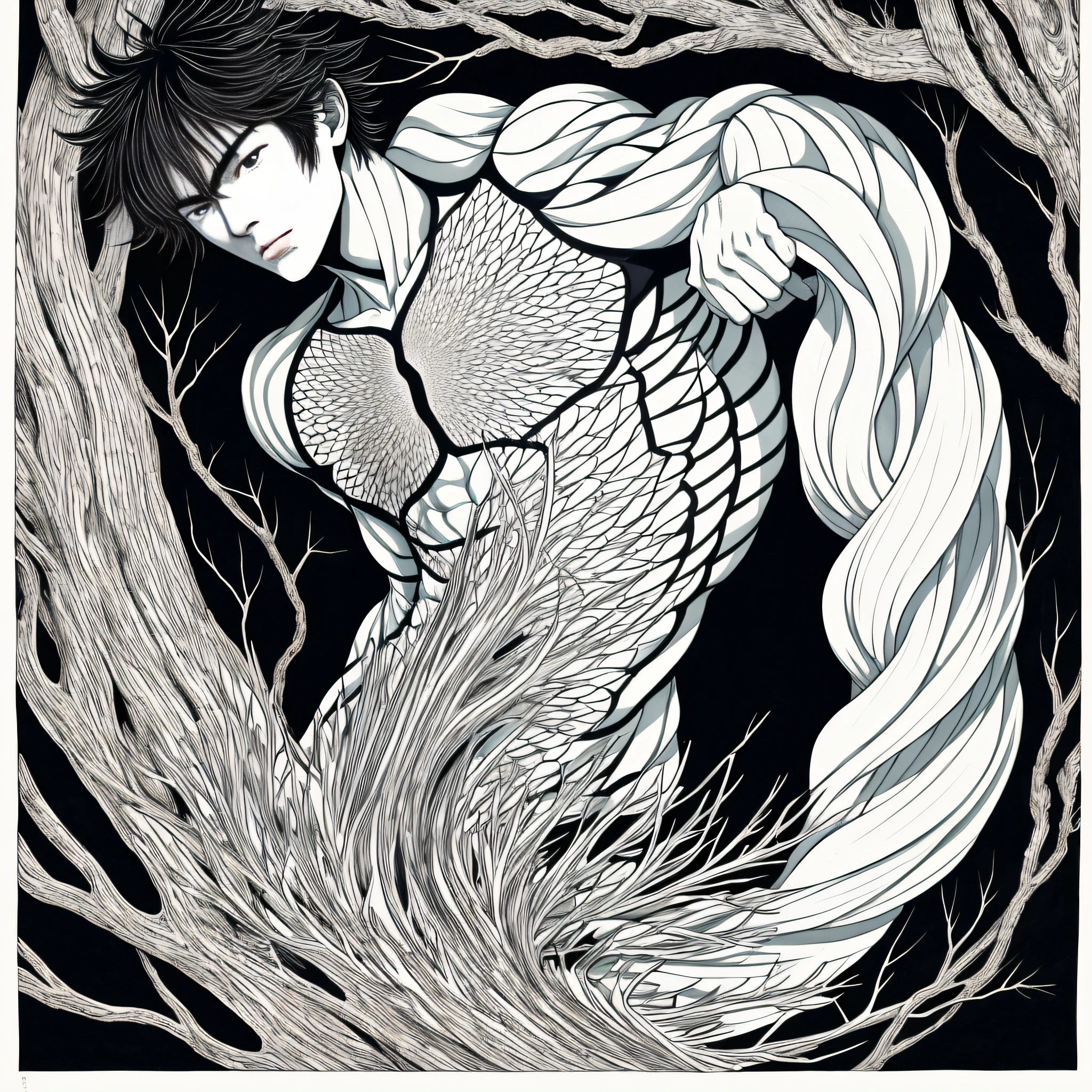 (Yuko Higuchi, 1.4), Yuko Higuchi, (Yoh: 1.2), (Masterpiece, Best Quality, Official Art, Beauty and Aesthetics: 1.2), (Super Detail), Fine Detail, Best Illustration, Hand Drawn High Quality, (High Contrast), (Clean Line: 1.3), (Line Art), Line Drawing, (Complex Line), Fractal Art, Brush Strokes, Ukiyo-e Style, (Full Body Portrait, Extreme Close Up: 1.1), (Muscle Man, Wearing Only White Transparent Tong, Looming Internal Structure: 1.1) (He Surrounded by Dead Trees: 1.1), Perfect features of supermodel, full body display (short hair, stubble), Corpose MONEY BOY, wrap-around composition, perfect and abs, mysterious night, extremely provocative and sexy (add details), (detail background: 1.2), (color), high resolution, extreme detail depiction
