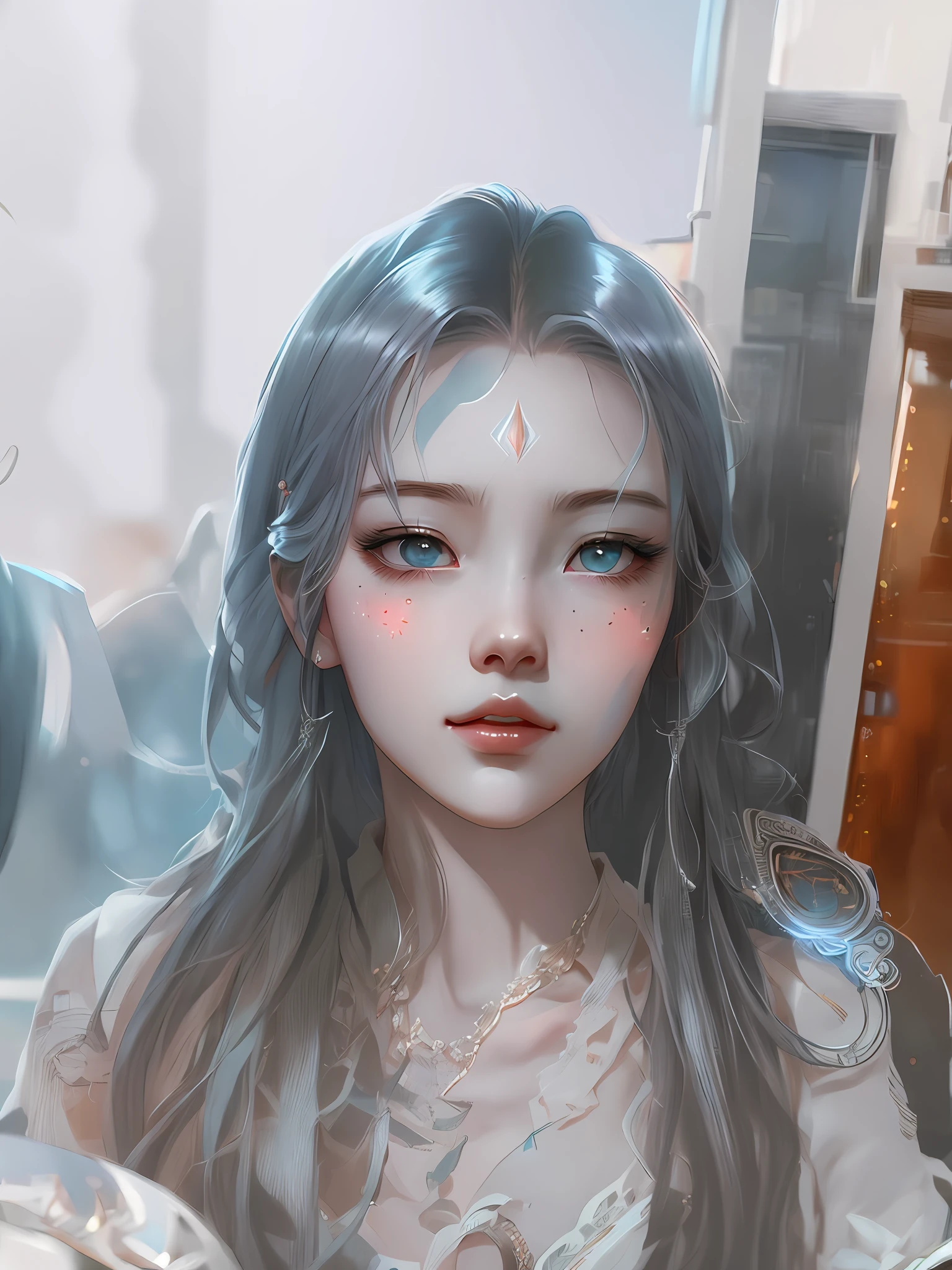 anime girl with blue eyes and long gray hair sitting in front of a mirror, artwork in the style of guweiz, guweiz, fanart best artstation, guweiz masterpiece, guweiz on artstation pixiv, detailed digital anime art, guweiz on pixiv artstation, ig model | artgerm, artgerm. high detail