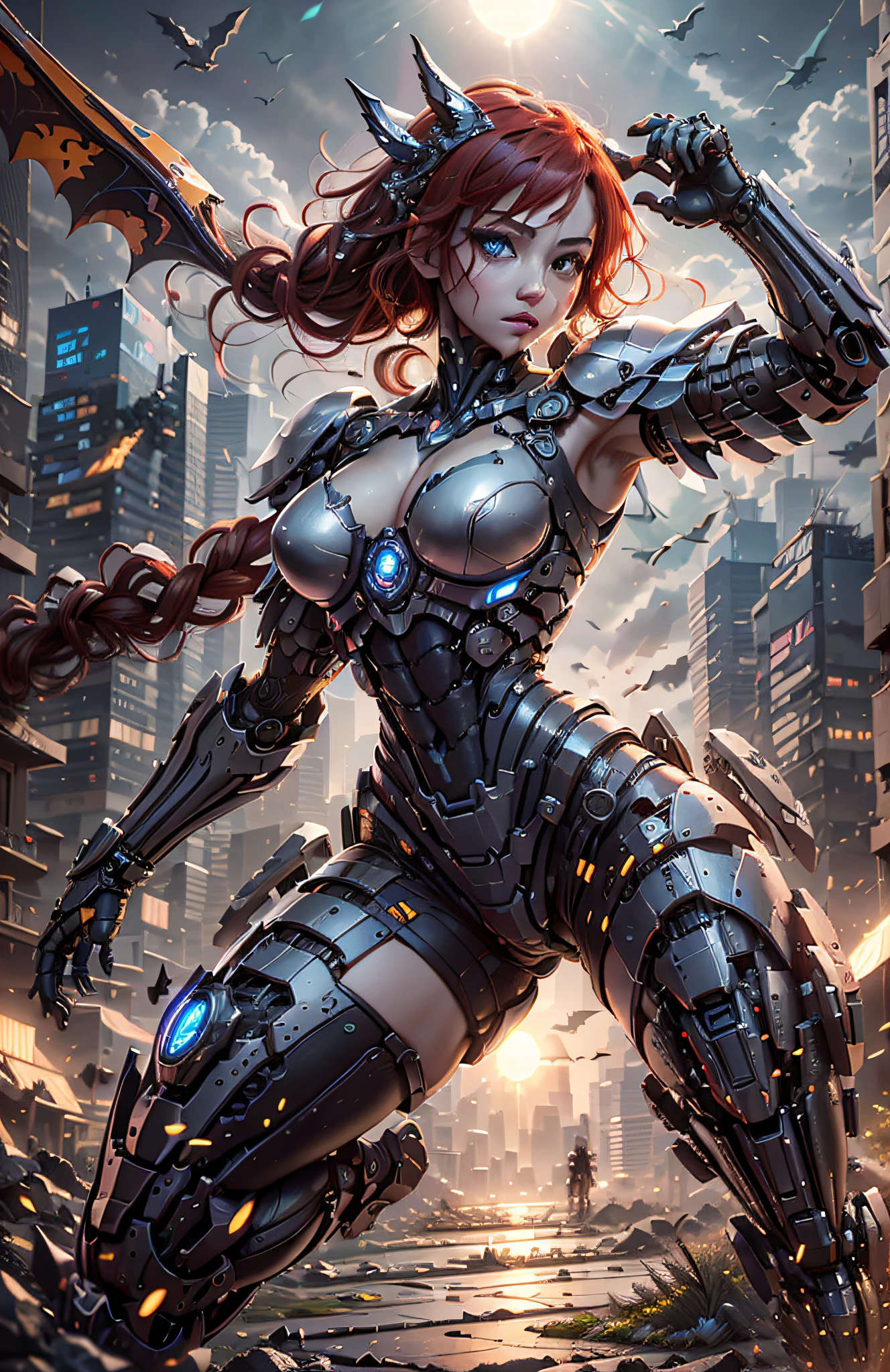 (Best Quality)), ((Masterpiece)), (Very Detailed: 1.3), 3D, Beautiful cyberpunk woman, batman cosplay, sci-fi technology, HDR (High Dynamic Range), ray tracing, nvidia RTX, super resolution, unreal 5, subsurface scattering, PBR texture, post-processing, anisotropic filtering, depth of field, maximum sharpness and sharpness, multi-layer texture, specular and albedo mapping, surface shading, accurate simulation of light-material interactions, perfect proportions, octane rendering, duotone lighting, low ISO, white balance, rule of thirds, wide aperture, 8K RAW, high efficiency subpixels, subpixel convolution, light particles, light scattering, Tyndall effect, very sexy bikini, full body, battle pose, red hair with braids, bats in the sky notuno, full moon,