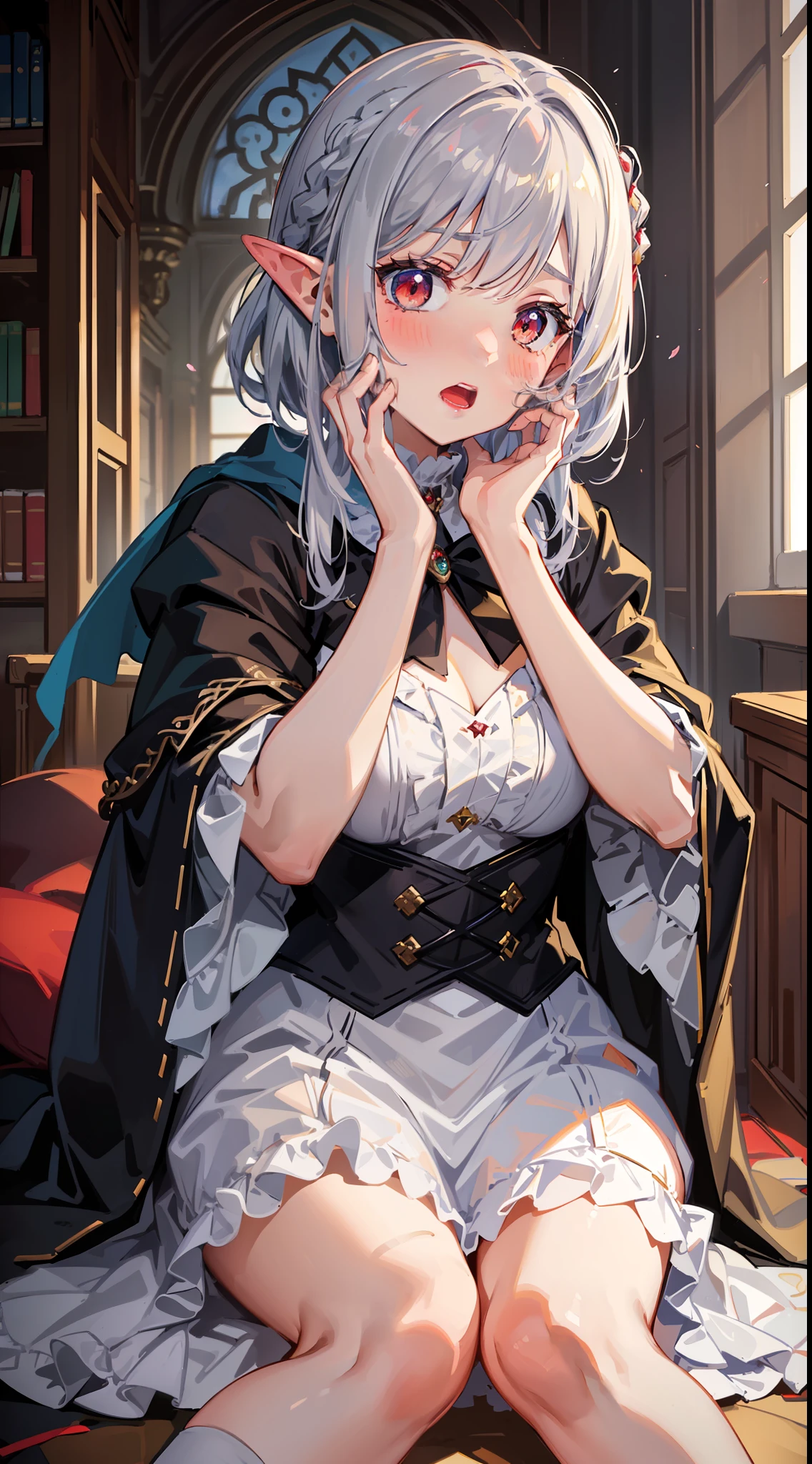 ((Put your hands on your face)), ((surprised)), (Looking at the front), (blush), 1girl, Elf, Silver hair, Red eyes, Braided hair, Bob cut, Fantasy style costume, Wizard, Ruffles, Robe, Long skirt, Tights, Black cloak, On bed, Bedroom, Concept art, Beautiful anime scene, Beautiful anime landscape, Best quality, (( Masterpiece))