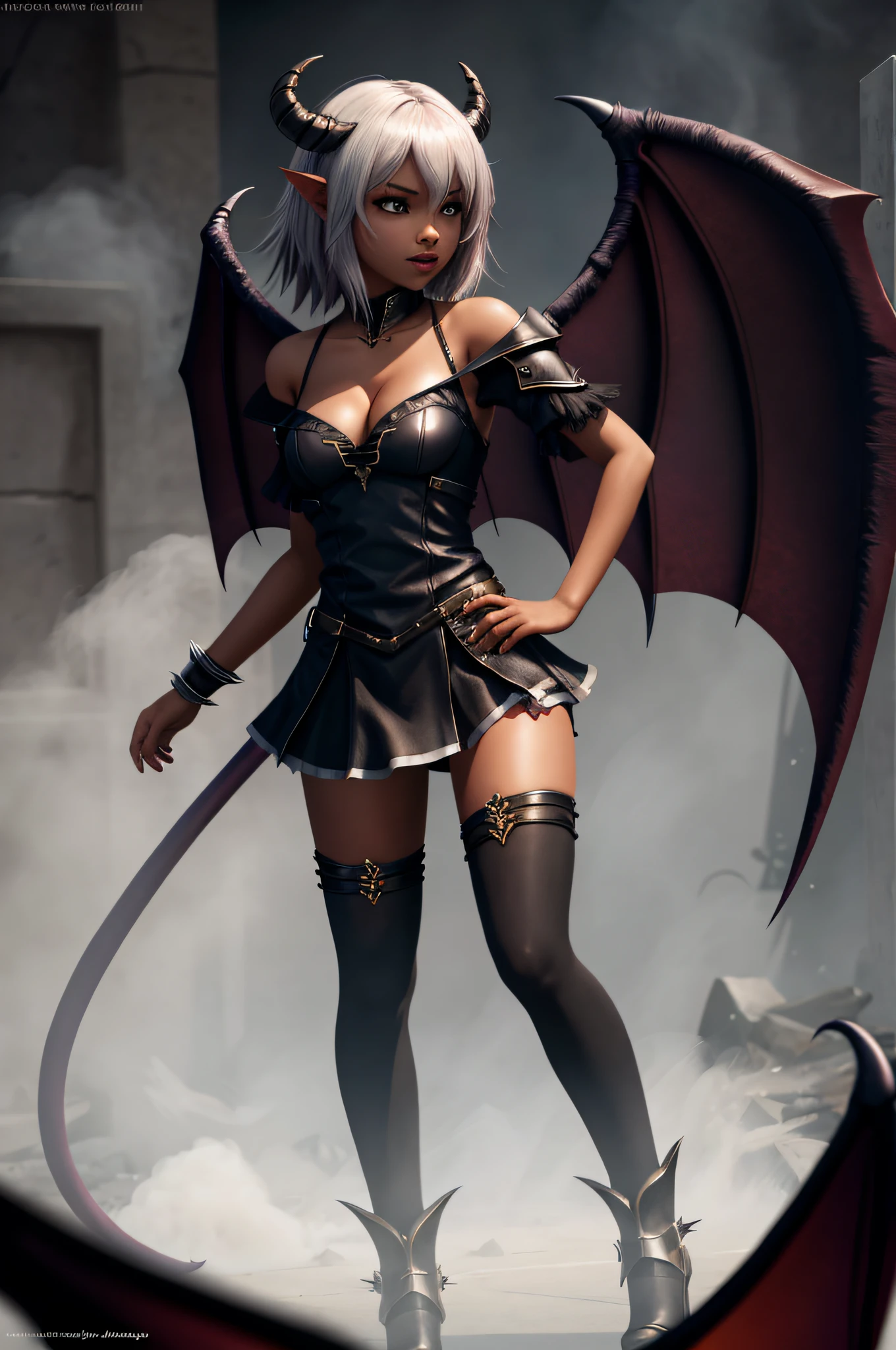 best quality, highres, ultra-detailed,  Shamsiel_Shahari, 1girl, solo, breasts, fang,  mischievous, full body shot, standing. tail, demon_girl, demon_wings, leaning_forward, downblouse,