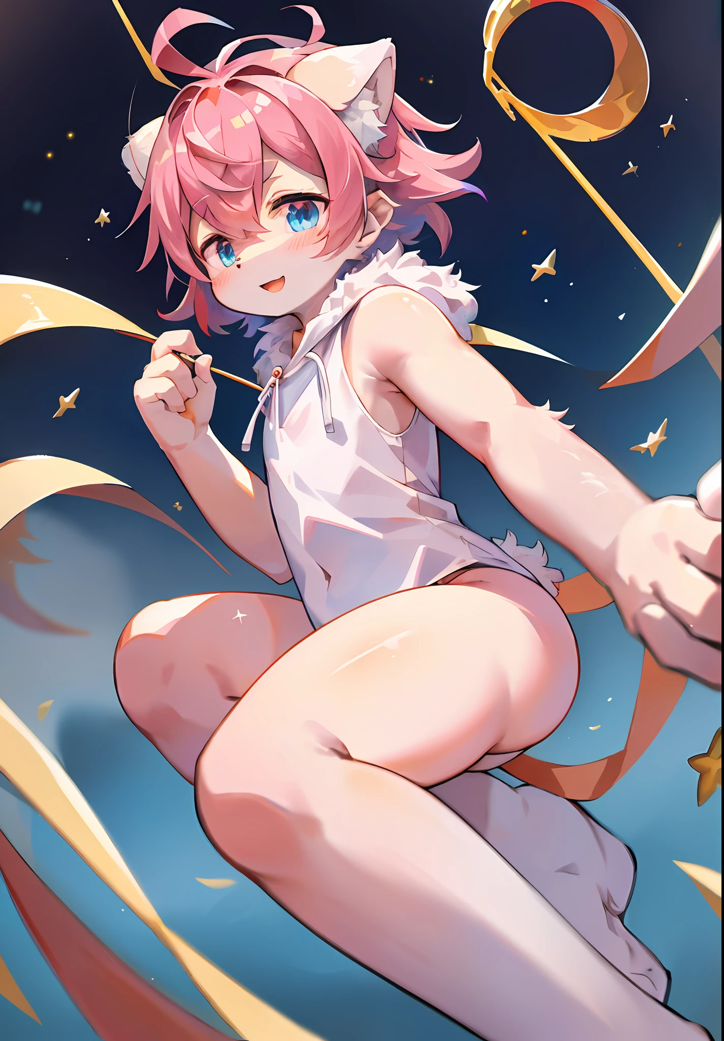 (masterpiece:1.3), (2D:1.0), (anime:1.0), (illustration:1.0), (sharp:1.2), (hard light:1.0), (shadow:1.0),(reflection, refraction:0.8), (light, dappled light, glare, lens flare, Tyndall effect: 1.0), (sharp, shiny: 1.0), (Best Quality: 1.2), (Ultra Fine: 1.0), (Extremely Complex: 1.0), (Blurred foreground, Cinematic Light, Ray Tracing: 1.1), (bright_colors, dark_intense_shadows: 1.1), (Impasto, Colorful: 1.2), (warm_light_from_below, glow_white_ particles:1.1),(Ensemble_Stars! _\(style\):0.95). wolf_boy,anthro,uploaded_on_e621,solo,upper_body,cowbow_shot,male_focus,furry_kemono,furry_male,cub,young_male,bishounen,_yeld,kaw,cute,fancy,fragile,cool, handsome. detailed_fluffy_fur,tuft,(white_fur,body_fur,oil_skin,skin_with_fluffy_fur:1.3),animal_nose,animal_ear_fluff,fluffy_paws,pawpads,animal_hand,fluffy_big_tail。 , double figure, fully nude, (pink clothes, clothes printed with red pixel square pattern. (pink hooded cape purple wolf pattern, black hoodie: 1.5), short male hair, pink hair, dark blue star eyes, closed eyes, bangs, dull hair, open mouth, smile, light blush, red pixel squares floating beside him, hands raised, holding coke, blue metal leg rings on the thigh of the right leg are short, bottomless, (lying down: 1.2), looking ahead to the left. (night, starry_sky, crescent_moon, star_\(sky\), gem, plant, star_\(symbol\), sparkle), outdoor flying (write "Mmo" in the upper left corner of the image)
