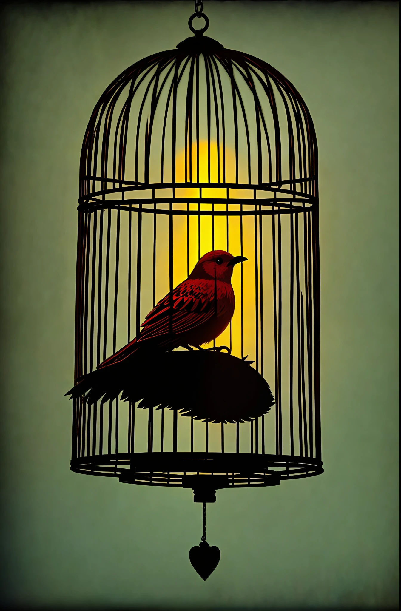 Scene:
"A sad bird singing in a cage."
Features:
(In high contrast to the background. In the style of realistic digital art. A dramatic and impactful scene.)