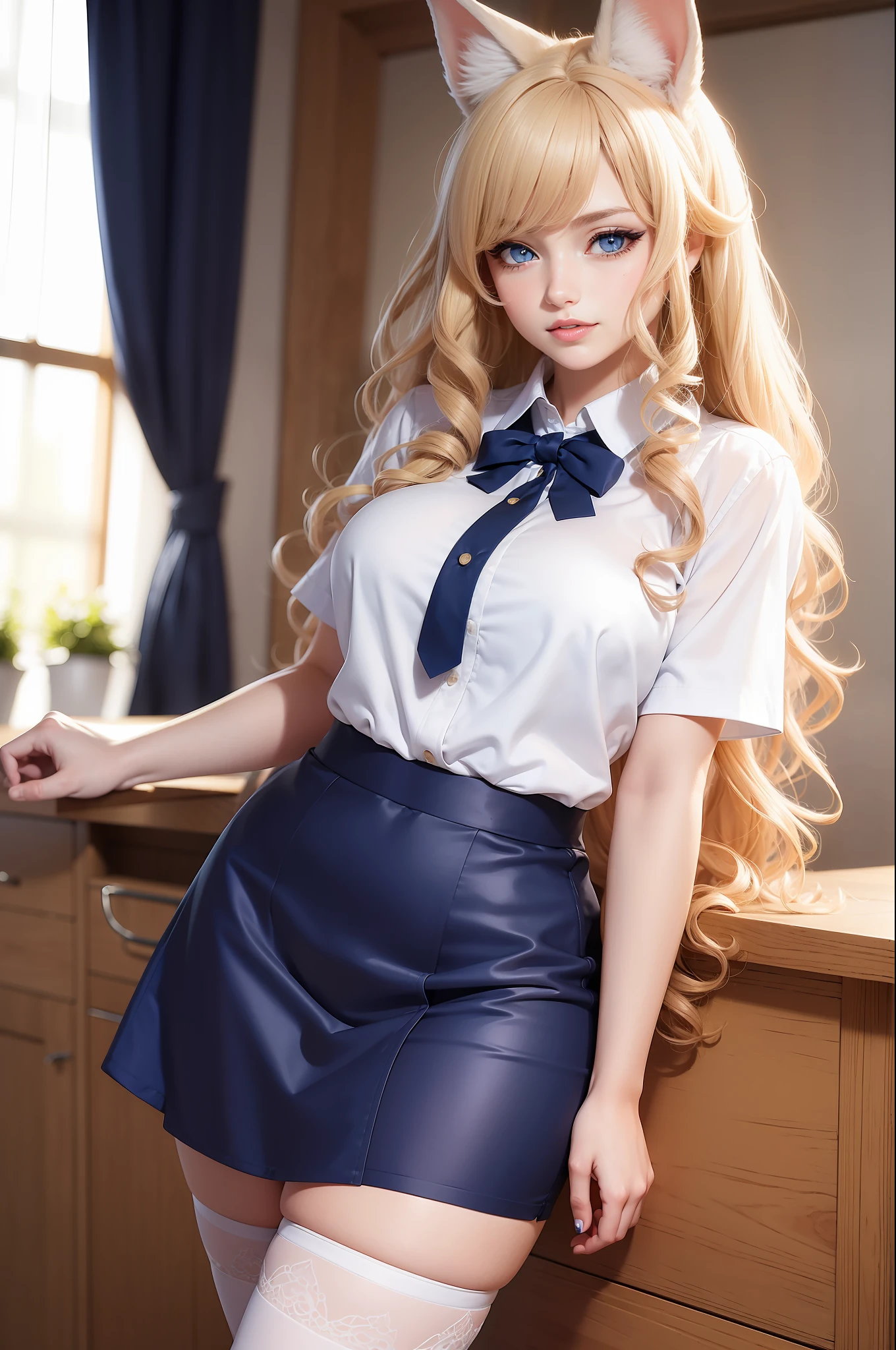 Woman with ,golden curly hair,Blue eyes,white fox ears,in a shirt, skirt and stockings