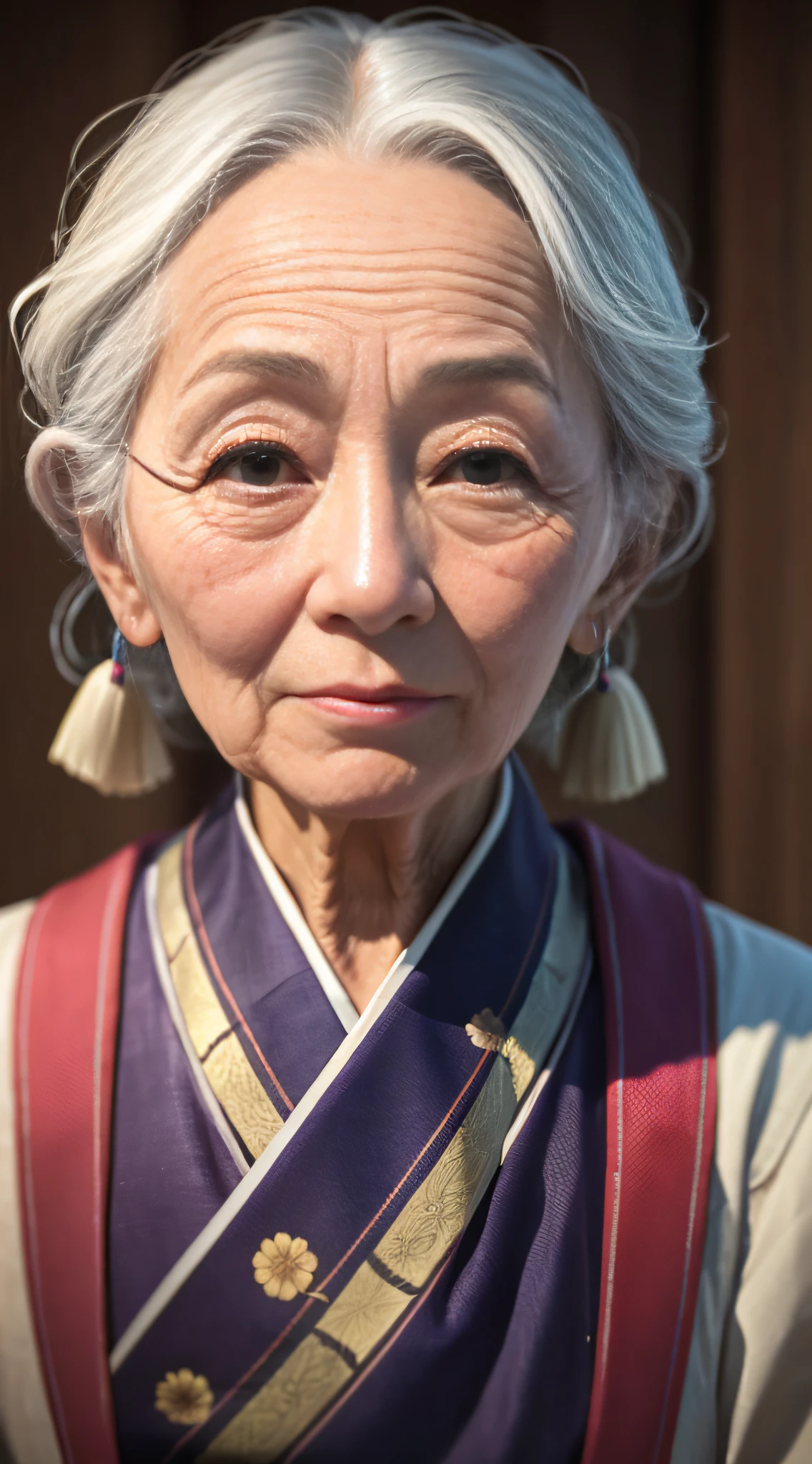 an older woman with white hair and a purple scarf, ultra detailed portrait, 8k portrait render, japanese woman, close - up portrait shot, japonisme 3 d 8 k ultra detailed, highly detailed portrait, soft portrait shot 8 k, close up portrait shot, highly detailed vfx portrait, highly realistic digital art, highly detailed photo portrait, 60mm portrait --auto --s2