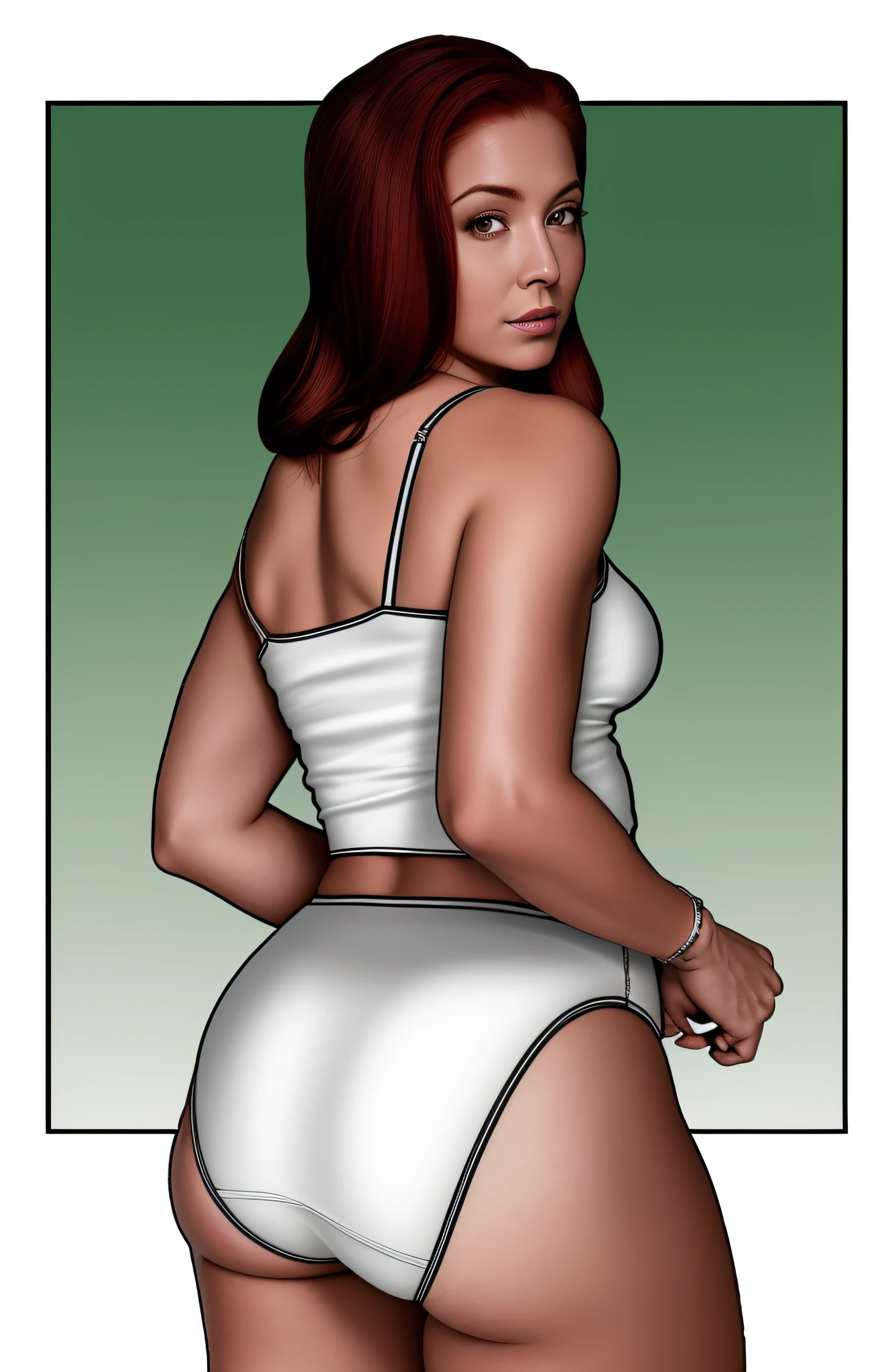 Red haired Latina in white tanktop and white high cut panties, photo realistic, detailed wrinkles