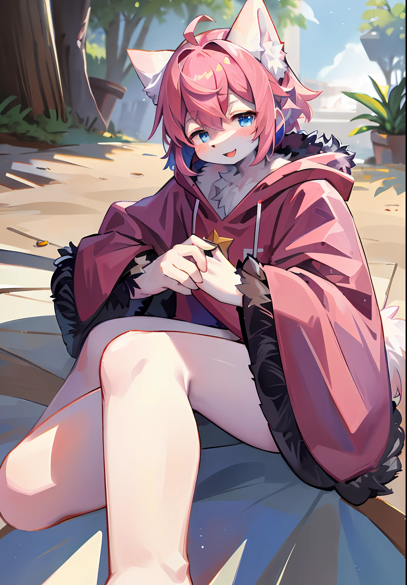 (masterpiece:1.3), (2D:1.0), (anime:1.0), (illustration:1.0), (sharp:1.2), (hard light:1.0), (shadow:1.0),(reflection, refraction:0.8), (light, dappled light, glare, lens flare, Tyndall effect: 1.0), (sharp, shiny: 1.0), (Best Quality: 1.2), (Ultra Fine: 1.0), (Extremely Complex: 1.0), (Blurred foreground, Cinematic Light, Ray Tracing: 1.1), (bright_colors, dark_intense_shadows: 1.1), (Impasto, Colorful: 1.2), (warm_light_from_below, glow_white_ particles:1.1),(Ensemble_Stars! _\(style\):0.95). wolf_boy,anthro,uploaded_on_e621,solo,upper_body,cowbow_shot,male_focus,furry_kemono,furry_male,cub,young_male,bishounen,11_years_old,kawaii,cute,fancy,fragile,cool, handsome. detailed_fluffy_fur,tuft,(white_fur,body_fur,oil_skin,skin_with_fluffy_fur:1.3),animal_nose,animal_ear_fluff,fluffy_paws,pawpads,animal_hand,fluffy_big_tail。 , double figure, fully nude, (pink clothes, clothes printed with red pixel square pattern. (pink hooded cape purple wolf pattern, black hoodie: 1.5), short male hair, pink hair, dark blue star eyes, closed eyes, bangs, dull hair, open mouth, smile, light blush, red pixel squares floating beside him, hands raised, holding coke, blue metal leg rings on the thigh of the right leg are short, bottomless, (lying down: 1.2), looking ahead to the left. (night, starry_sky, crescent_moon, star_\(sky\), gem, plant, star_\(symbol\), sparkle), outdoor flying (write "Mmo" in the upper left corner of the image)