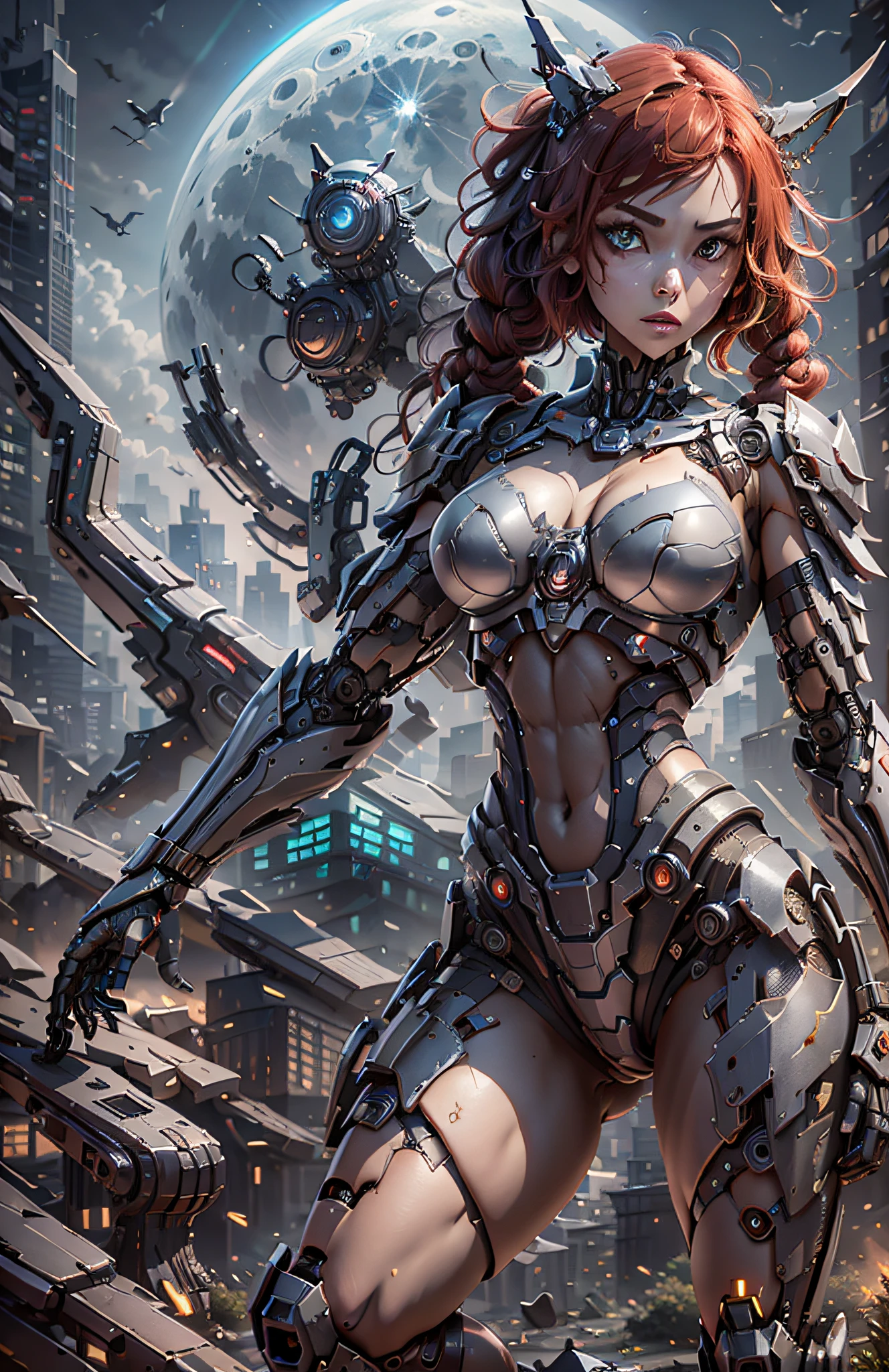 (Best Quality)), ((Masterpiece)), (Very Detailed: 1.3), 3D, Beautiful cyberpunk woman, batman cosplay, sci-fi technology, HDR (High Dynamic Range), ray tracing, nvidia RTX, super resolution, unreal 5, subsurface scattering, PBR texture, post-processing, anisotropic filtering, depth of field, maximum sharpness and sharpness, multi-layer texture, specular and albedo mapping, surface shading, accurate simulation of light-material interactions,  perfect proportions, octane rendering, duotone lighting, low ISO, white balance, rule of thirds, wide aperture, 8K RAW, high efficiency subpixels, subpixel convolution, light particles, light scattering, Tyndall effect, very sexy bikini, full body, battle pose, red hair with braids, bats in the sky notuno, full moon,