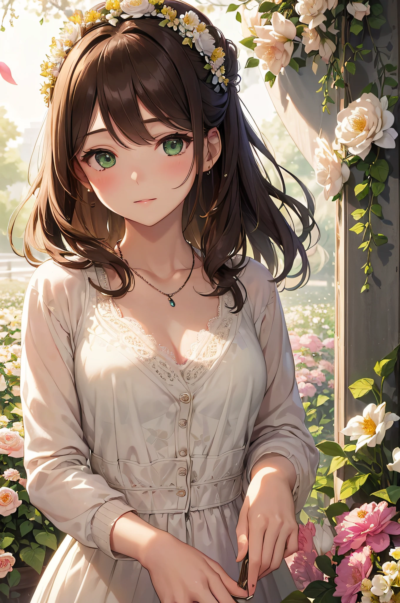 (masterpiece), (portrait), (aesthetic), (beautiful), (upper blody), (high quality), (aesthetic clothings), (professional angle), (rule of thirds), (Feminine), (woman), (female), (beautiful),(feminine features), (21 years), solo, 1 woman, (attractive Italian), Spring, (Shower of Flower Petals), (Afternoon), (Soft light), (()), (Arms Extended Hands), ((Looking Forward Face)), ((Romantic)), (Soft Make-up), (Moderate Bust), (Necklace), ((Medium Hair)), (Light Brown Hair), (Straight Hair), (Elegant Updo hair), (Flower Crown in Hair), (Closed Eyes), (Green Eyes), (Lovely Look), Fair skin, (Delicate Lace Clothing), (Lace Dress), (Cardigan), (Skirt ), (V-neck Neckline), ((Floral Garden background)), (Full Shot Shot),