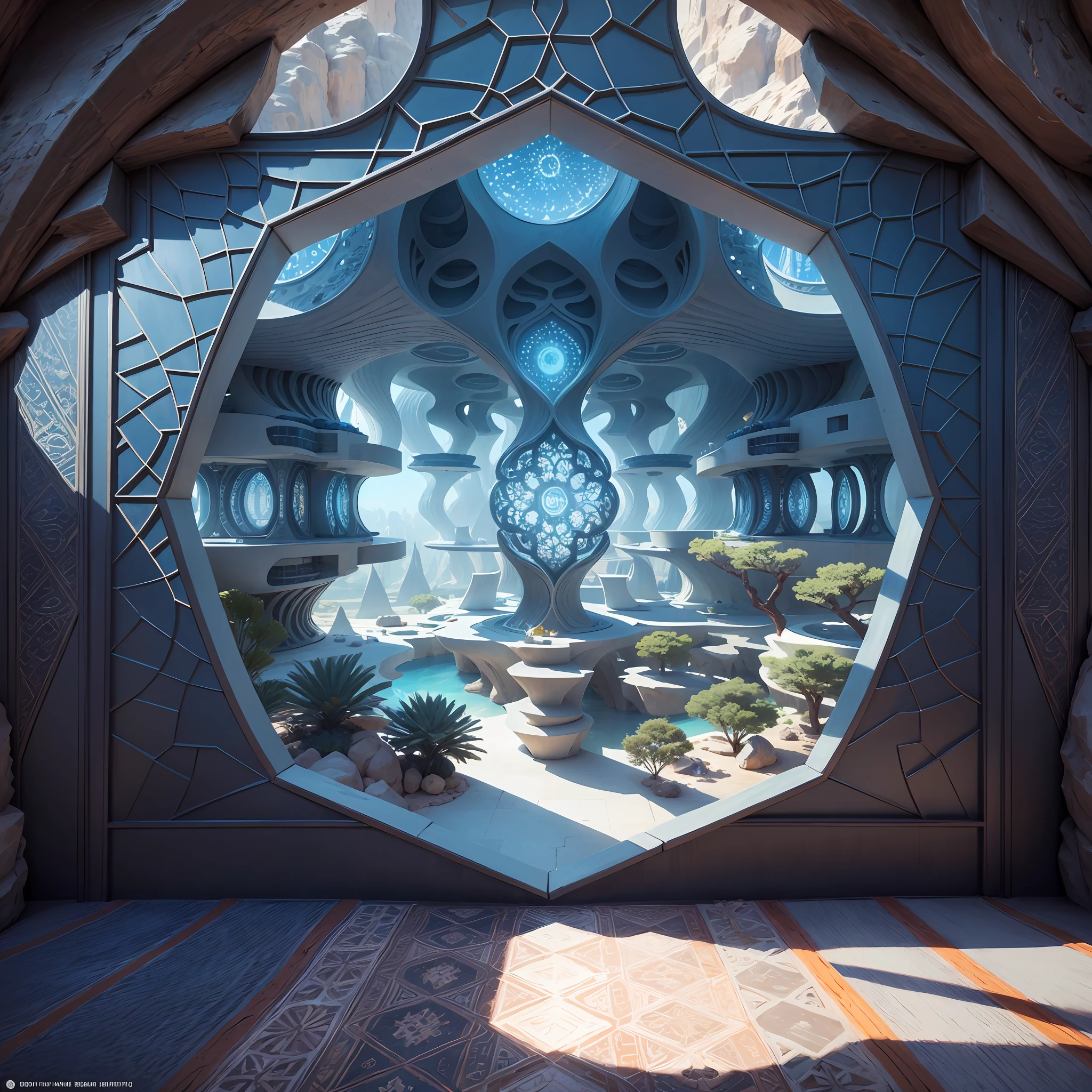 Futuristic Islamic architecture design of cave architecture concept art on desert oasis, islamic architecture, proportional,detailed, cave architecture nature meets futuristic architecture by Toyo Ito ,residential area, futuristic development, high rise balconies, full of rock and glass facades, residential spaces carved from cliff side ,trending on artstation, beautiful lighting,In the style of Arabic calligraphy masterpiece, fantasy, intricate, award winning, 4k, highest quality render --auto --s2