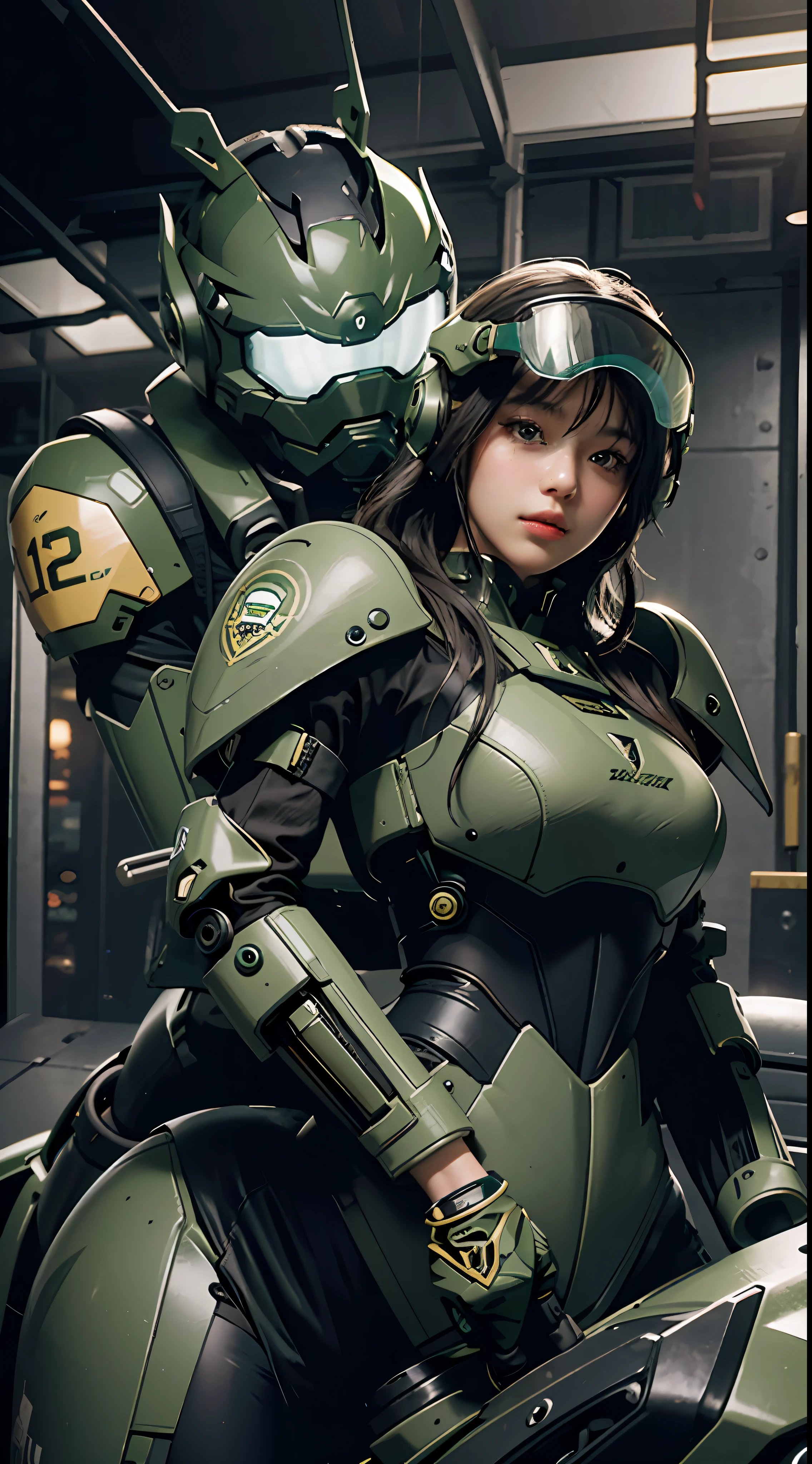 Highest image quality, outstanding details, ultra-high resolution, (realism: 1.4), the best illustration, favor details, highly condensed 1girl, with a delicate and beautiful face, dressed in a black and green mecha, wearing a mecha helmet, holding a directional controller, riding on a motorcycle, the background is a high-tech lighting scene of the future city.