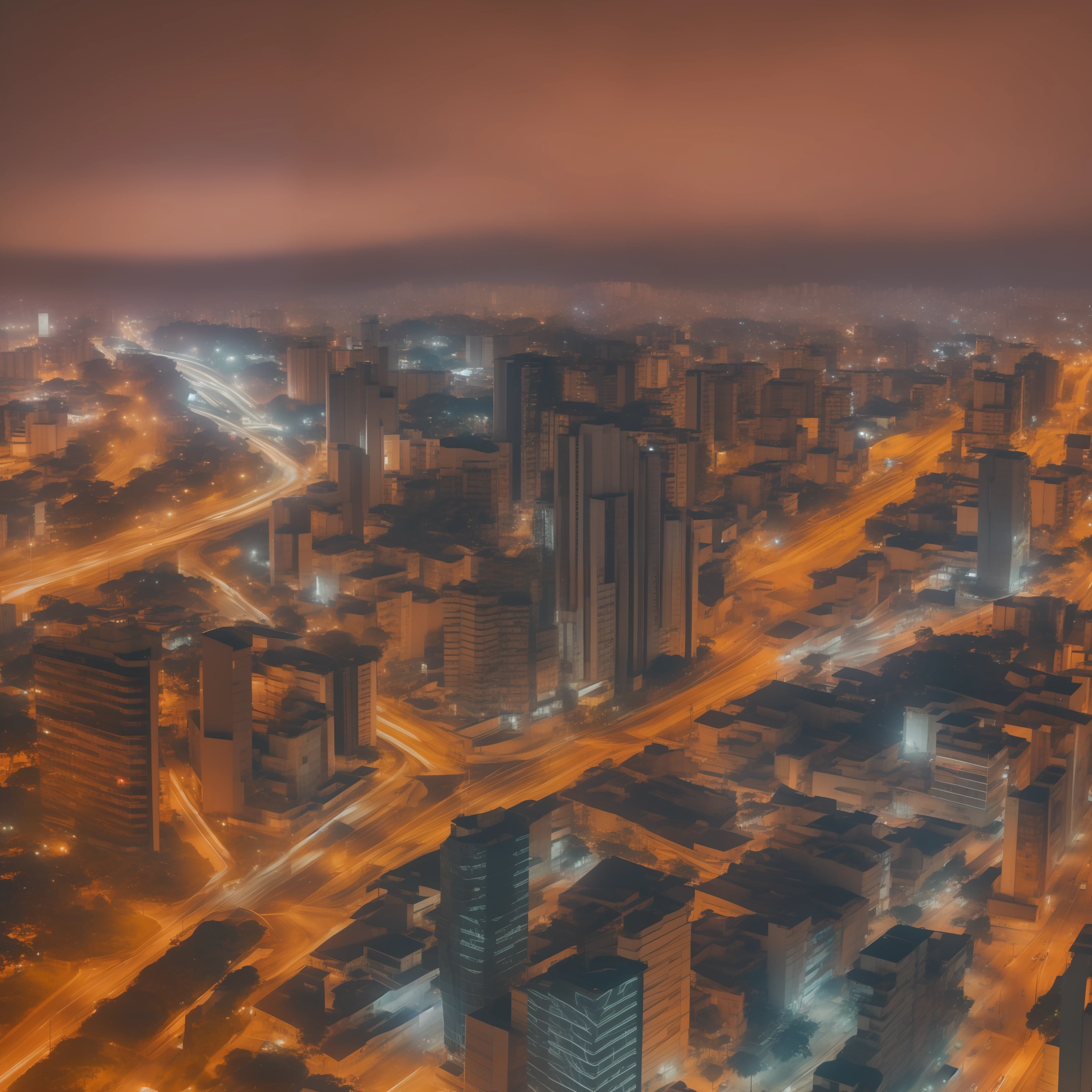 aerial view of Sao Paulo Brazil with lots of lights on buildings, dream city, amazing wallpaper, cid, hyper realistic photo of a city, by Raymond Han, rainy night, beautifully lit buildings, at night during rain, beautiful and aesthetic, photography, cinematic, 8k, high detailed ((Heavy rain)))