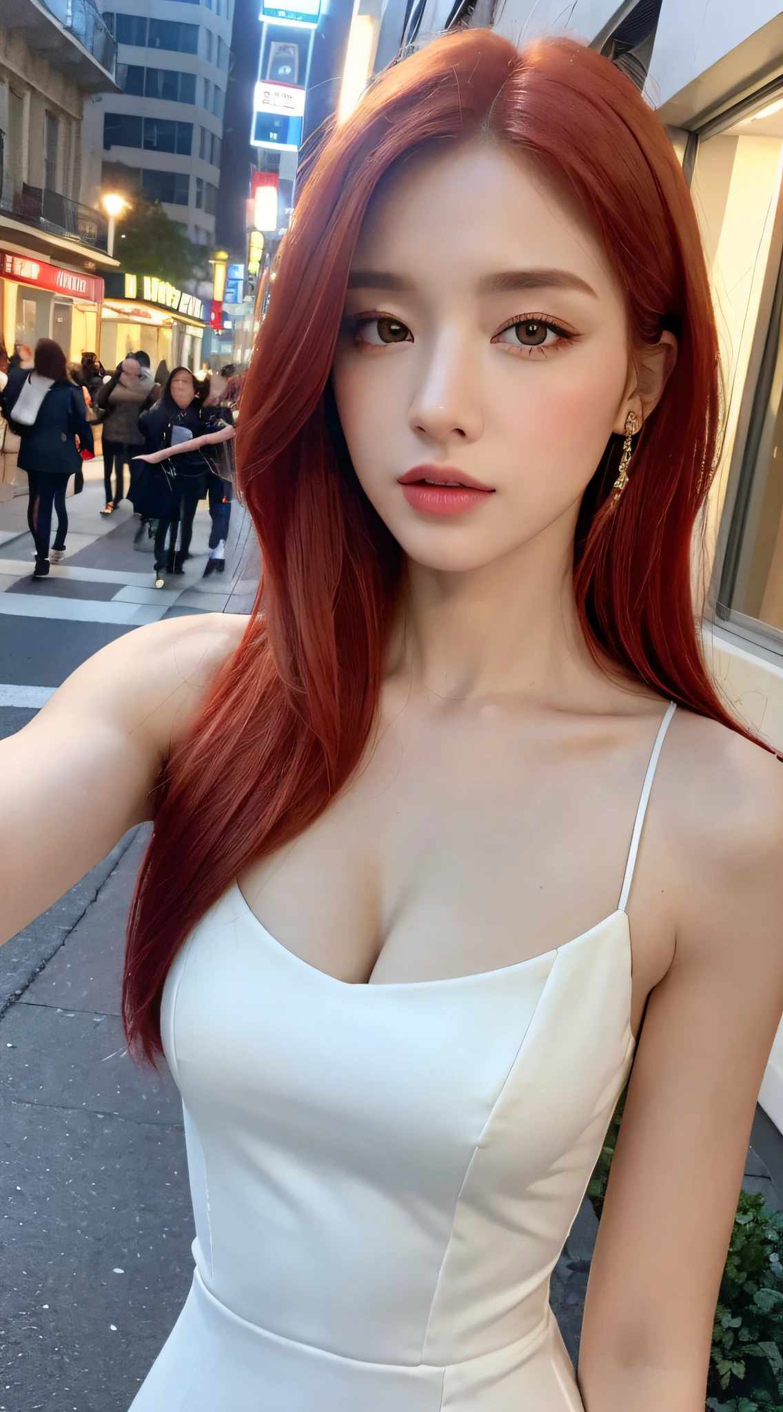 ((Realistic lighting, Best quality, 8K, Masterpiece: 1.3)), Clear focus: 1.2, 1girl, Perfect body beauty: 1.4, Slim abs: 1.1, ((light red hair)), (White aqua dress: 1.4), (Outdoor, night: 1.1), City street, Super fine face, fine eyes, double eyelids,