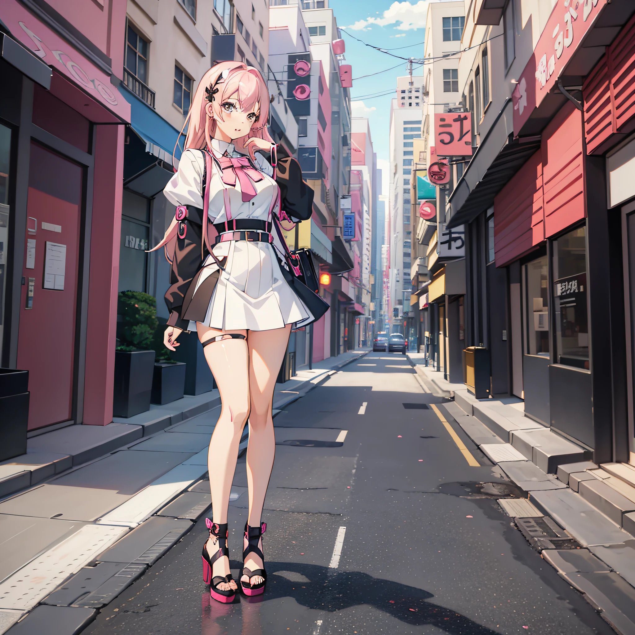 Anime girl with pink hair and white shirt and black stockings, anime vtuber full body model, anime full body illustration, girl, anime woman full body art, single character full body, Live2D virtual YouTuber model, anime character, anime character; Full body art