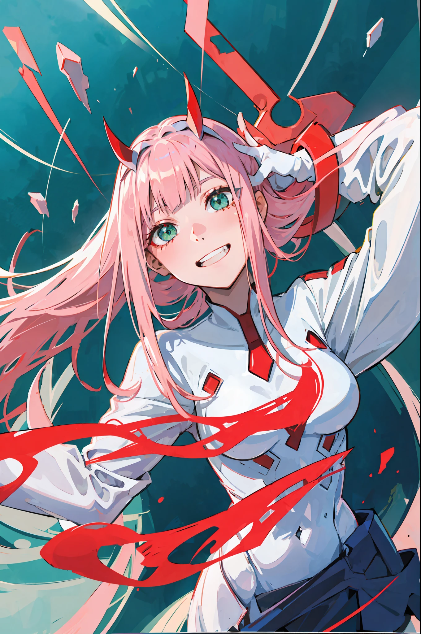 zero two \(darling on franxx\), darling on franxx, 1girl, fringe, selfie, smiling, biting, shadow, green eyes, hair behind head, horns, long hair, makeup, small breasts, pilot suit, white bodysuit, pink hair, red eyeshadow, science fiction, tight skin, solo