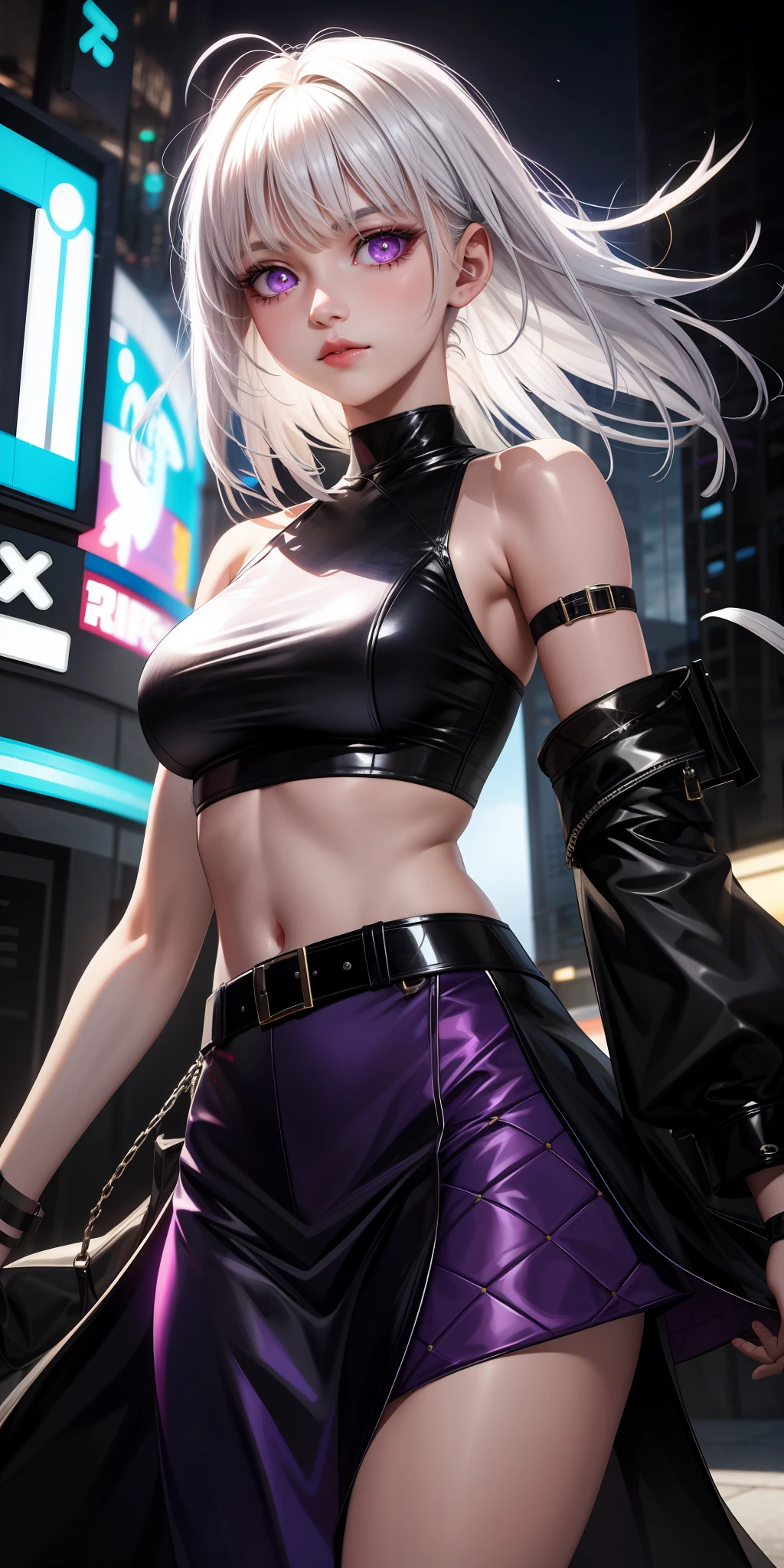 Realistic, 1girl, white hair, purple eyes, glowing eyes, cropped top, skirt,