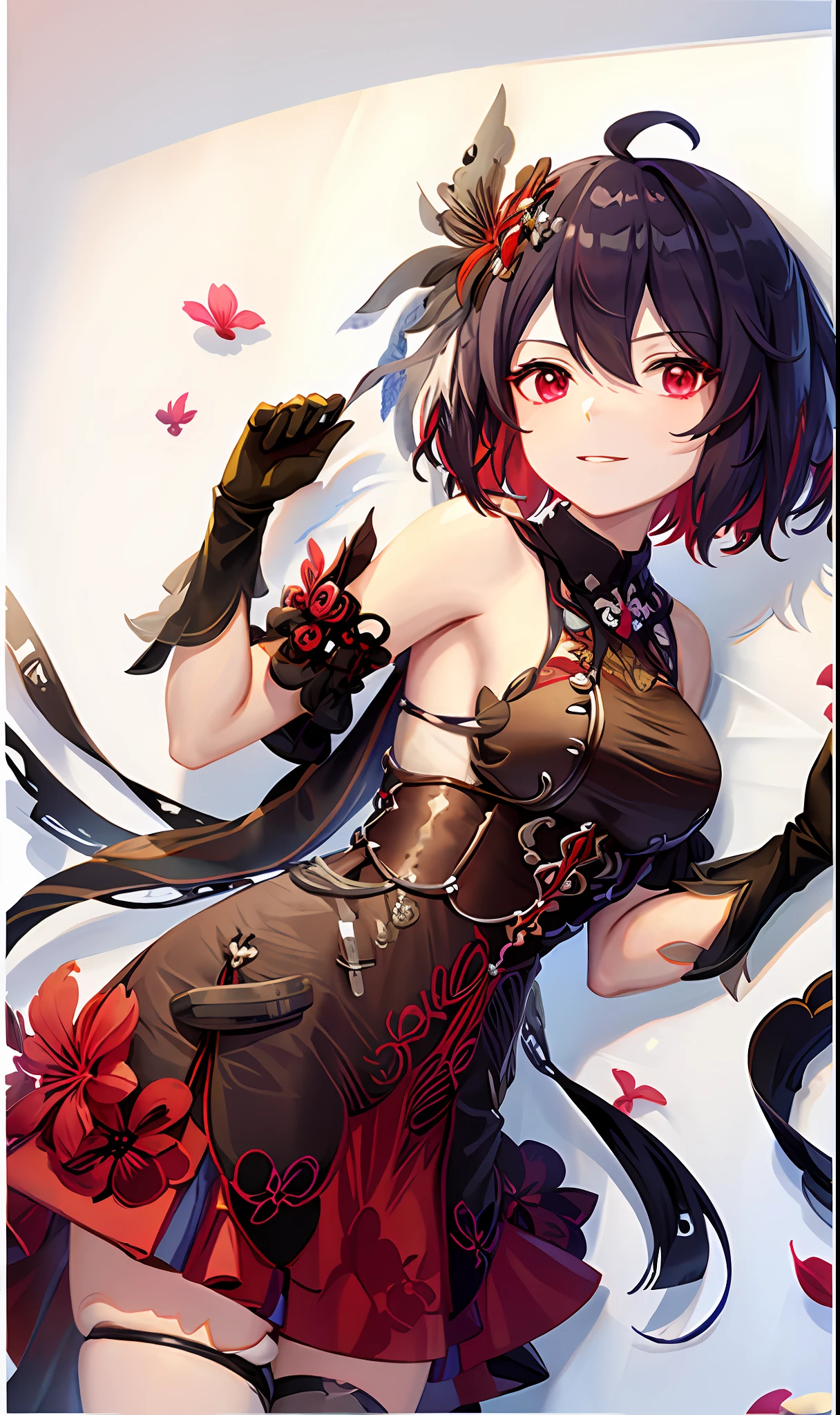 1girl, evil charm, white background, transparent cheongsam, flowers on the other side