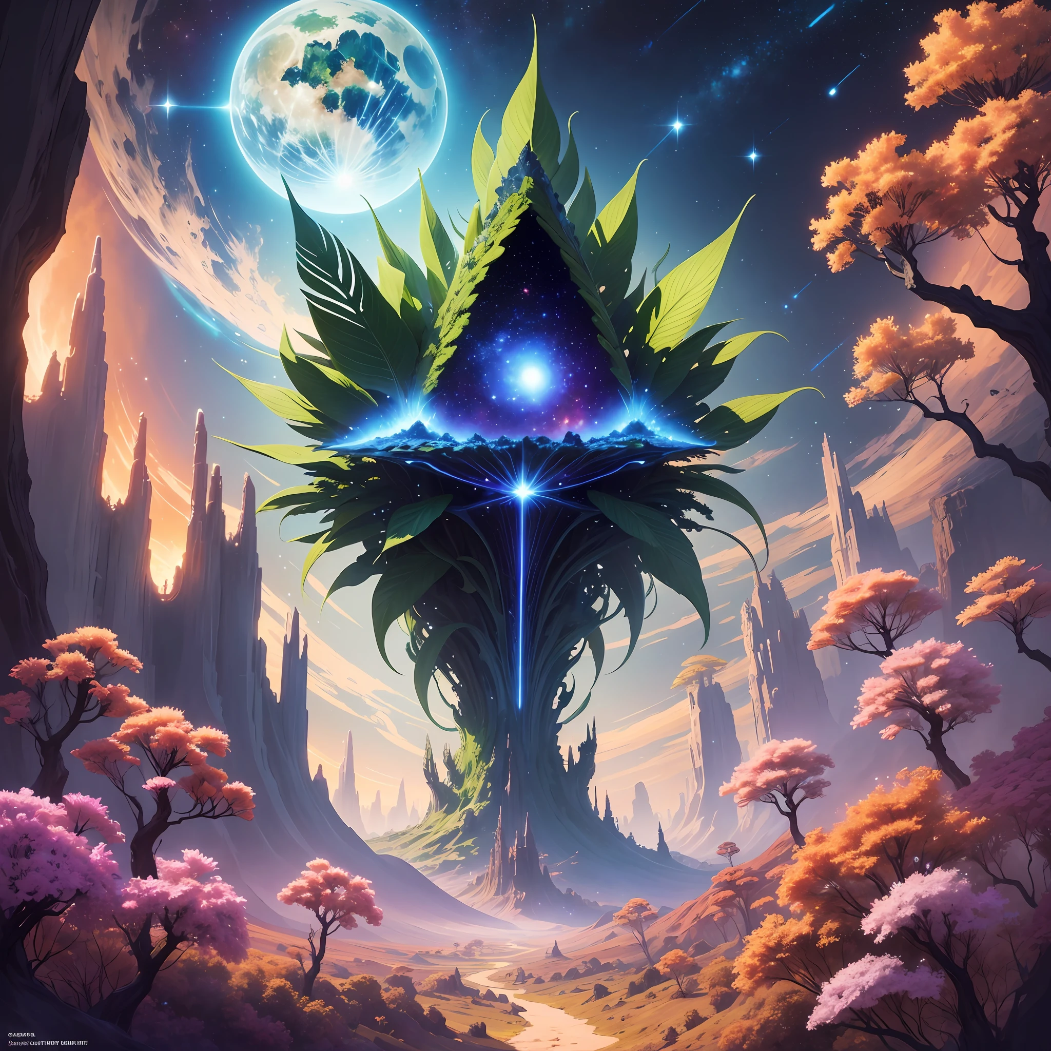 A spaceship travels across the stars and arrives on a mysterious planet. The plants on this planet grow extraordinarily huge, with towering trees and flowers blooming like flames. Strange animals weave through it, with gorgeous feathers or scales, completely beyond people's imagination of life forms. --auto --s2
