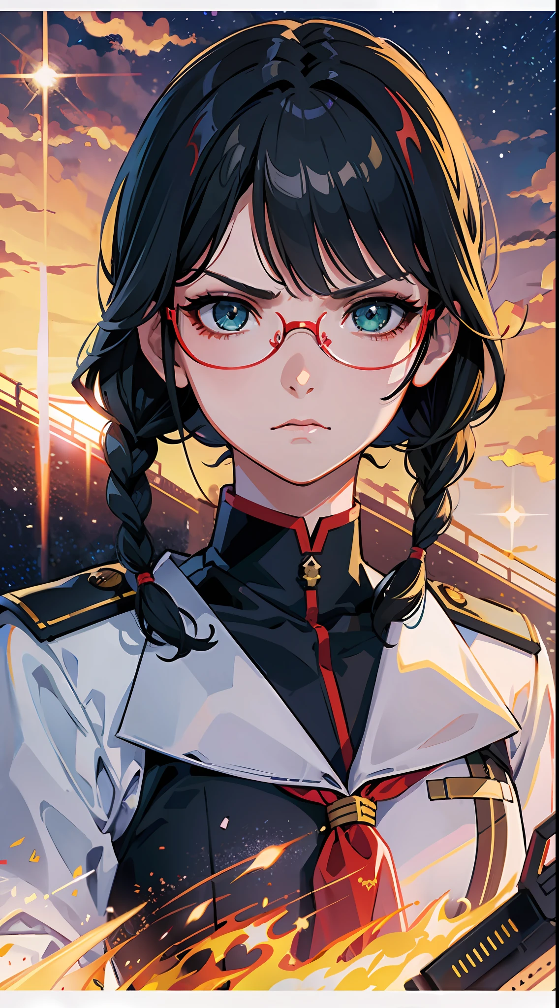 Movie Poster,((Braid Hairstyle : 1.5)),Anime Reference 86 ,Science Fiction,Sci-Fi,Movies,War Action Movies,Space,Atmosphere,Sky,Battleship,Multiple Characters,Women,Adults,Green Eyes,Black Hair,(Pia bangs hairstyle) : 1.8 ),(Red Glasses),General Uniform,White Commander Uniform,Serious Face Frowning,Realistic Face Detail,Realism,3D Face,
