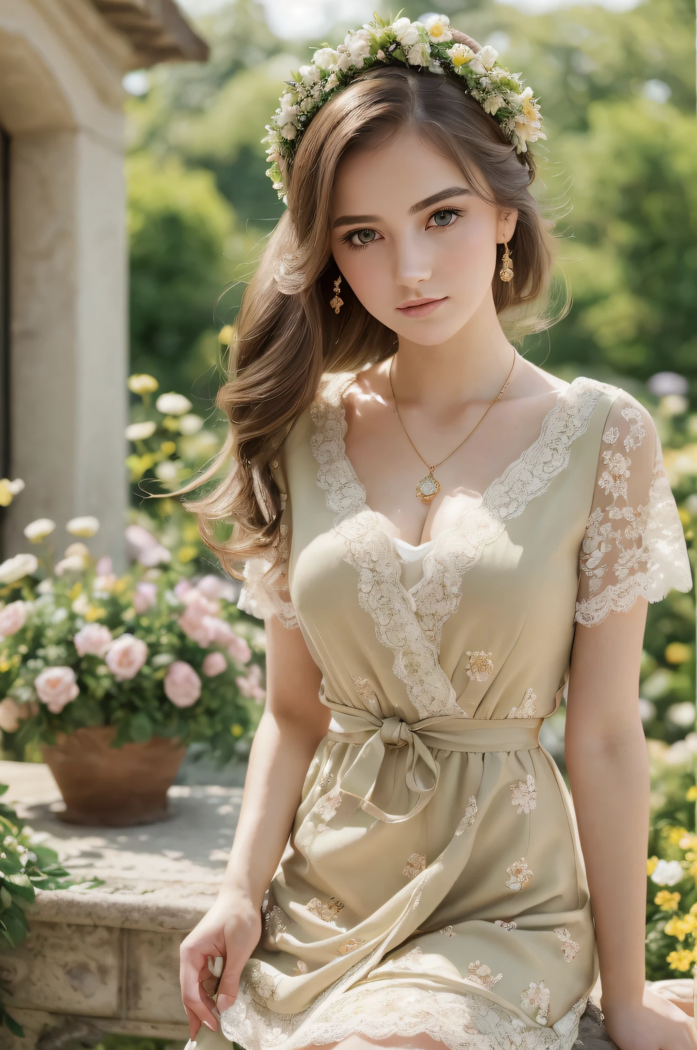 (masterpiece), (portrait), (aesthetic), (beautiful), (upper blody), (high quality), (aesthetic clothings), (professional angle), (rule of thirds), (Feminine), (woman), (female), (beautiful),(feminine features), (21 years), solo, 1 woman, (attractive Italian), Spring, (Shower of Flower Petals), (Afternoon), (Soft light), (()), (Arms Extended Hands), ((Looking Forward Face)), ((Romantic)), (Soft Make-up), (Moderate Bust), (Necklace), ((Medium Hair)), (Light Brown Hair), (Straight Hair), (Elegant Updo hair), (Flower Crown in Hair), (Eyes), (Green Eyes), (Lovely Look), Fair skin, (Delicate Lace Clothing), (Lace Dress), (Cardigan), (Skirt ), (V-neck Neckline), ((Floral Garden background)), (Full Shot Shot),