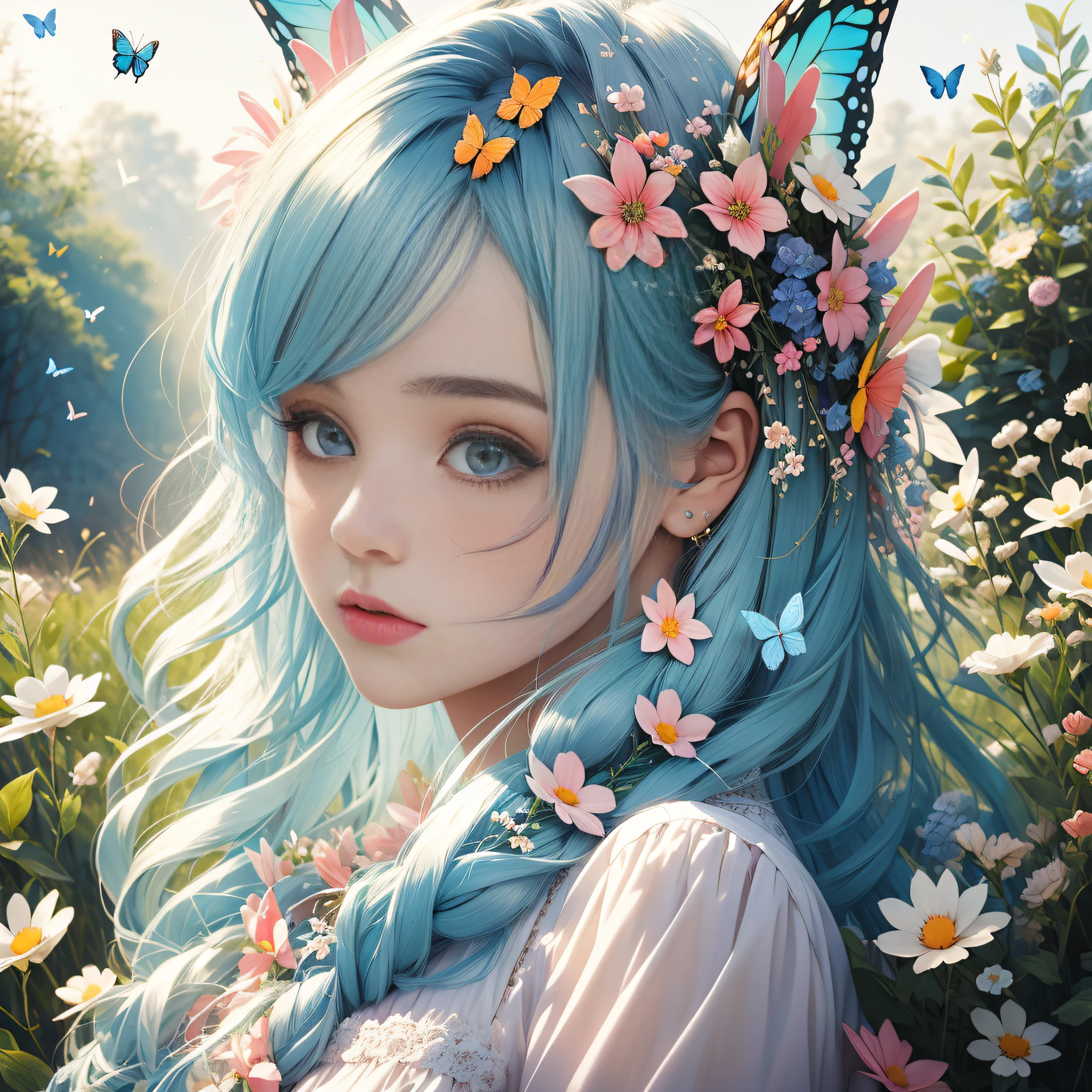 Masterpiece, best quality, best quality, flowers, garden, 1 girl, butterfly style, butterfly, blue hair, rabbit ears, half, long hair, fine hair, 8K high quality detail art