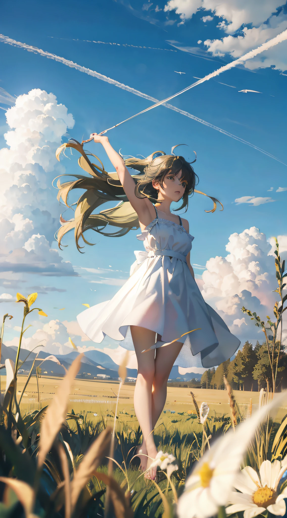 meadow, blue sky, white cumulonimbus, contrails, shining sun, meadow grass swaying in the wind, photo quality, live action, reality, transparency, realistic depiction, 8K quality, UHD, DSLR, high quality, film grain, fujifilm XT3, girl in white camisole dress, standing figure, barefoot, hair swaying in the wind, hair up to shoulders, big, big eyes,