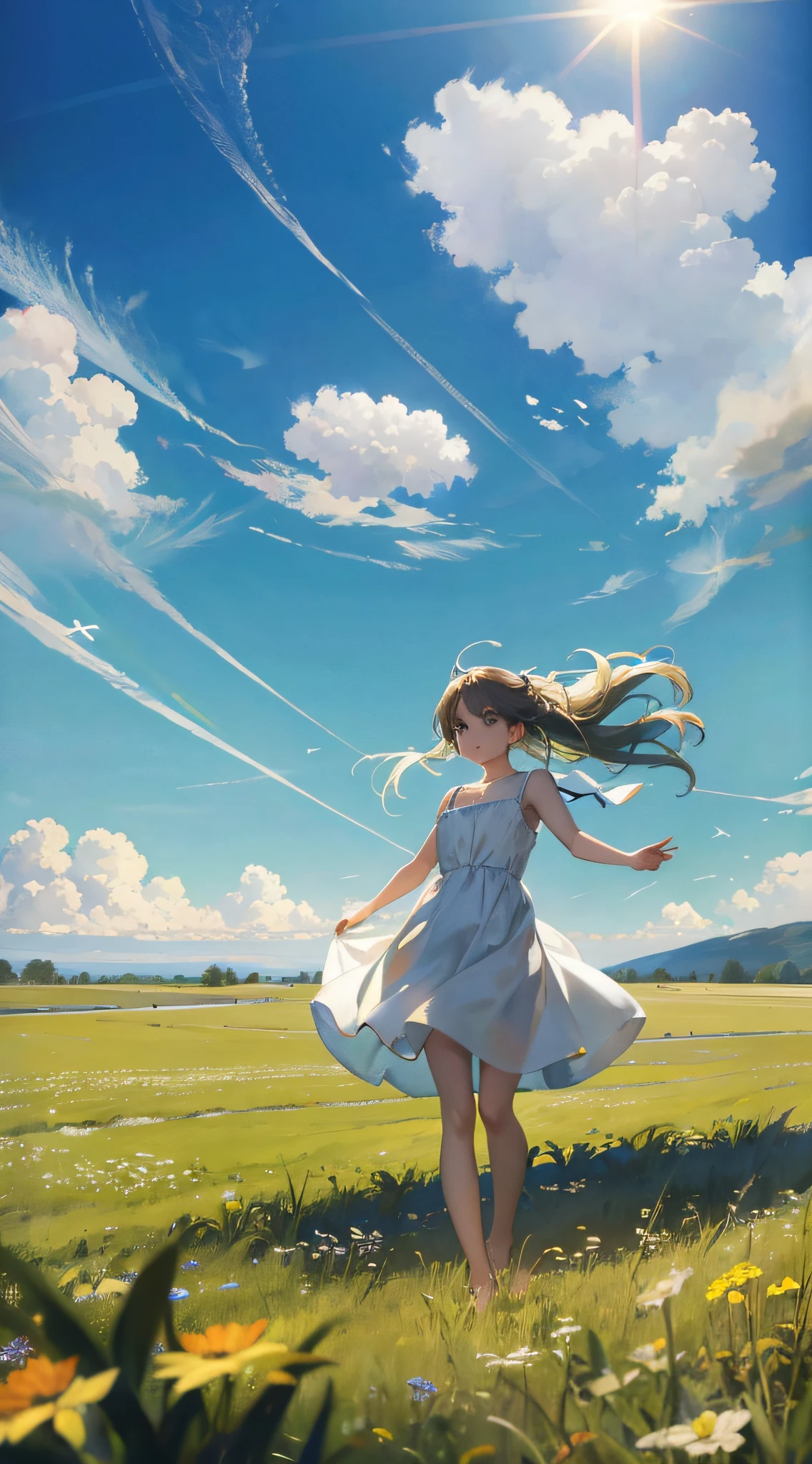 meadow, blue sky, white cumulonimbus, contrails, shining sun, meadow grass swaying in the wind, photo quality, live action, reality, transparency, realistic depiction, 8K quality, UHD, DSLR, high quality, film grain, fujifilm XT3, girl in white camisole dress, standing figure, barefoot, hair swaying in the wind, hair up to shoulders, big, big eyes,