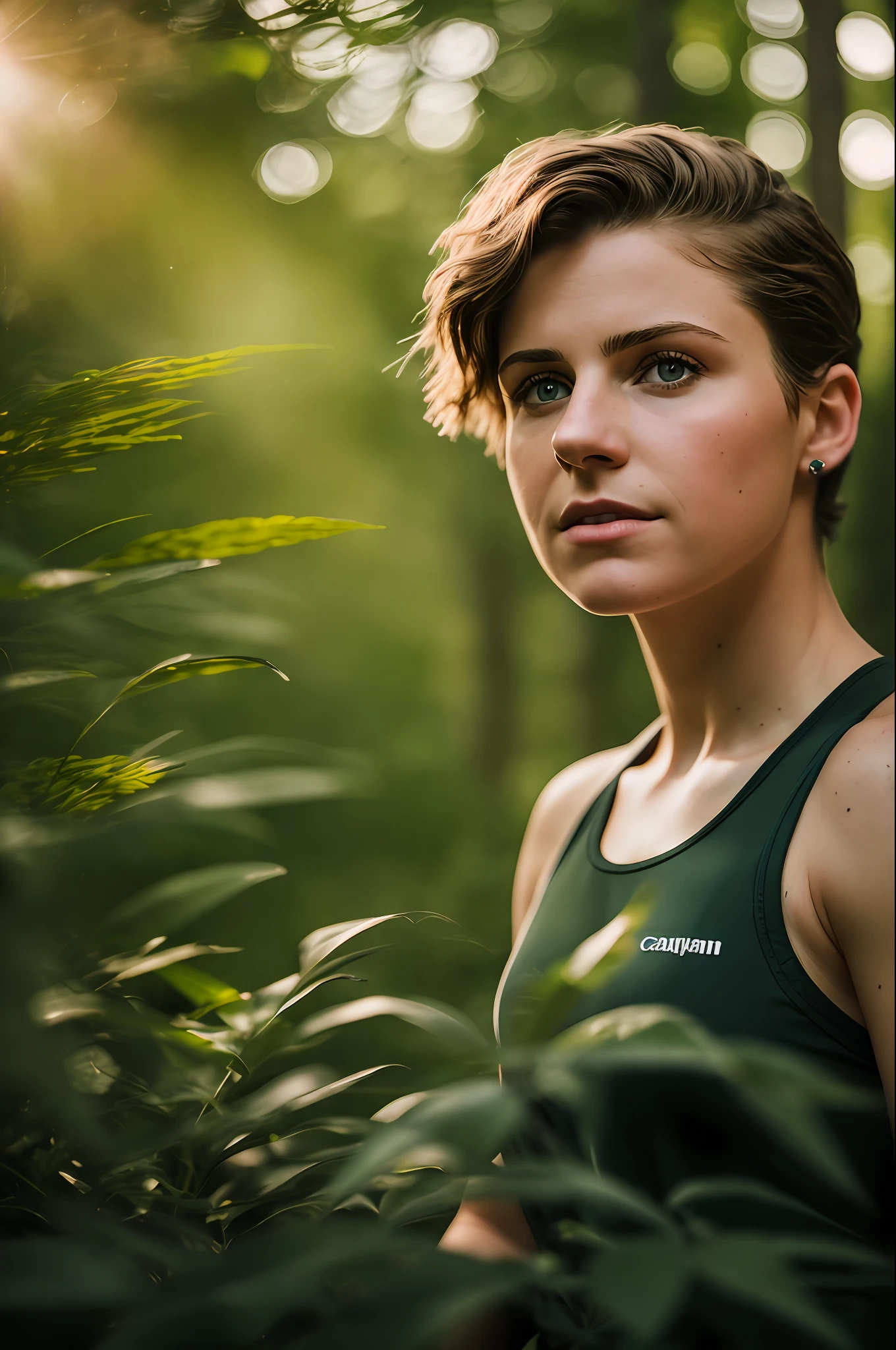 Close-up shot, 55mm Canon lens, volumetric lighting, Fujifilm XT3 lens, upper body portrait, a young white woman, muscular, very concerned facial expression, 18 years old, black tattoos, short light brown hair, short hair, straight hair, wearing a short running regatta, forest with exotic plants and flowers in the background, sunlight passing through the trees, High resolution image, detailed texture, realistic depth of field