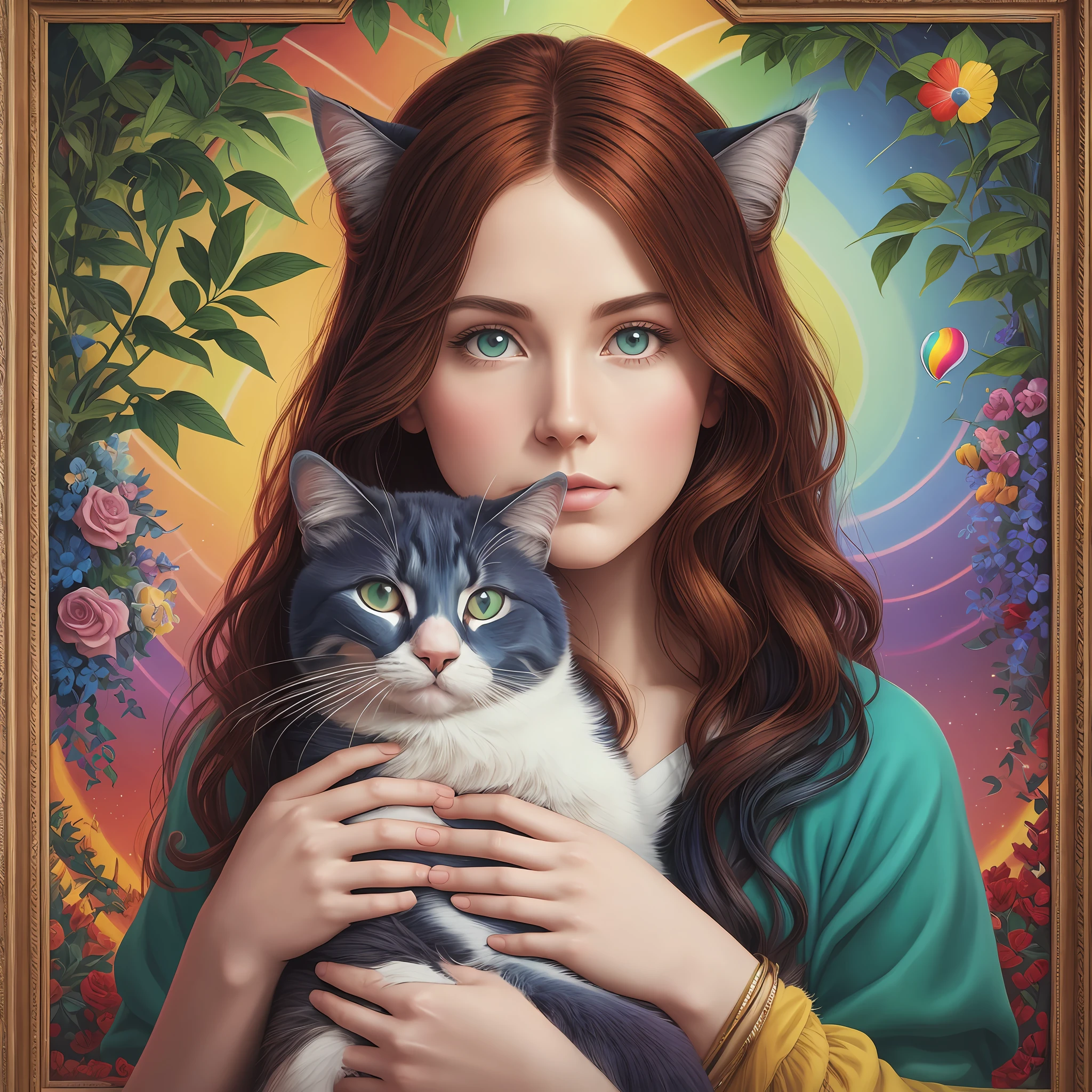 a woman on a holding a cat and arainbow color in a plant, in the style of alex gross, surrealistic dreamscapes, close up, light red and azure, classical portraiture, optical illusions, precisionist --ar 3:4--92--S750--v 5.1 --auto --s2