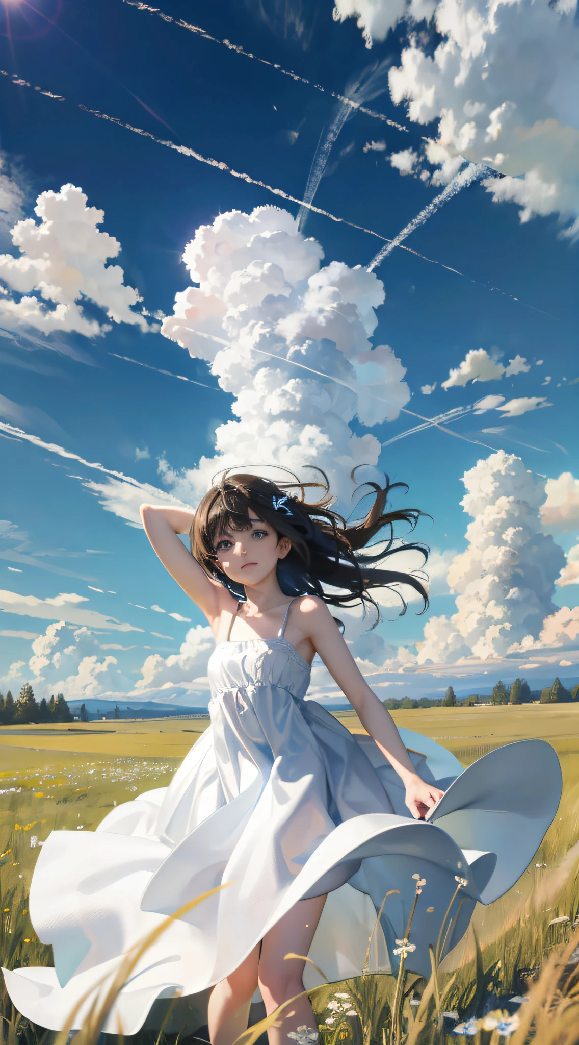 meadow, blue sky, white cumulonimbus, contrails, shining sun, meadow grass swaying in the wind, photo quality, live action, reality, transparency, realistic depiction, 8K quality, UHD, DSLR, high quality, film grain, fujifilm XT3, girl in white camisole dress, standing figure, barefoot, hair swaying in the wind, hair up to shoulders, big, big eyes,